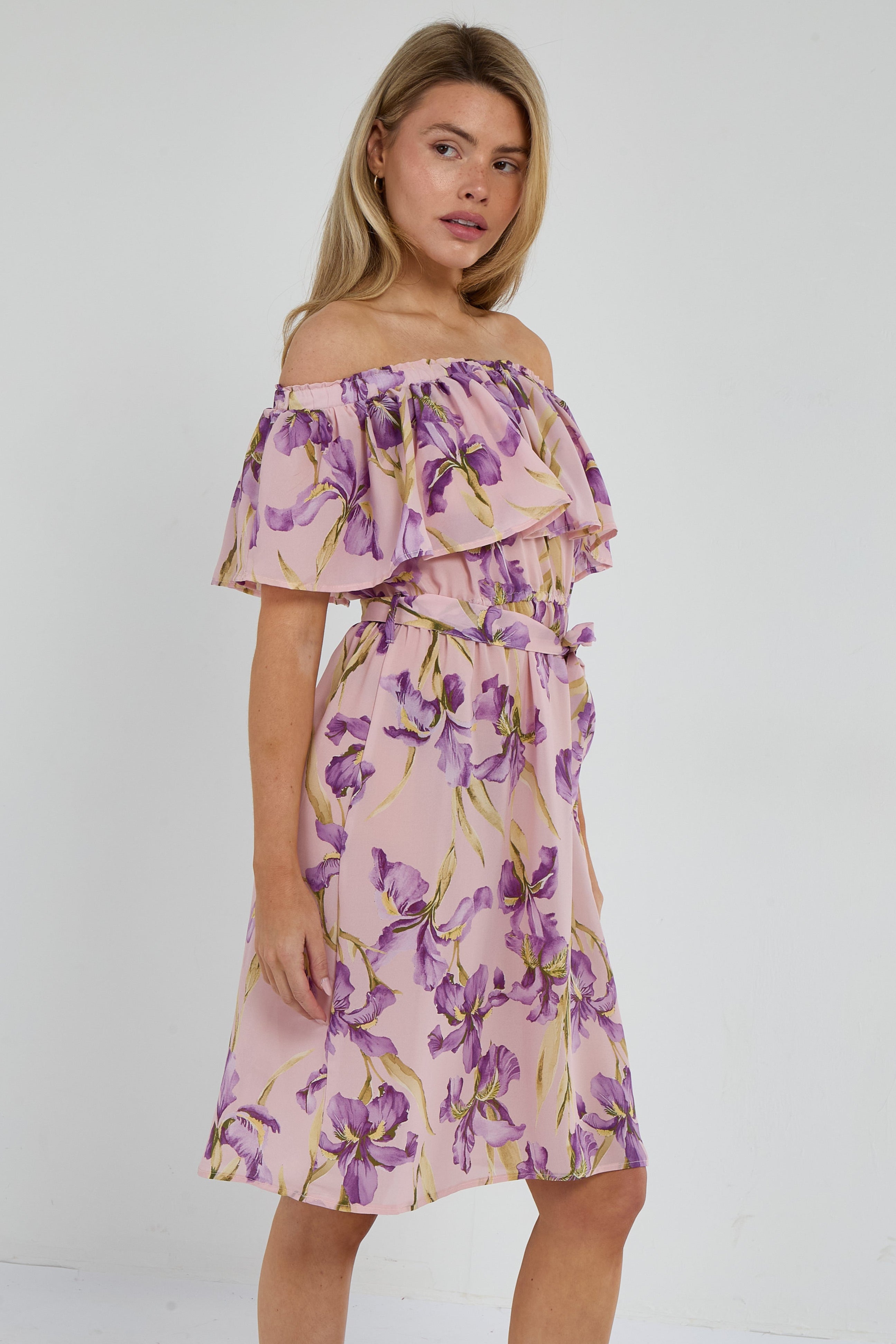 6Pcs Purple Iris Floral Off-Shoulder Miini Dress