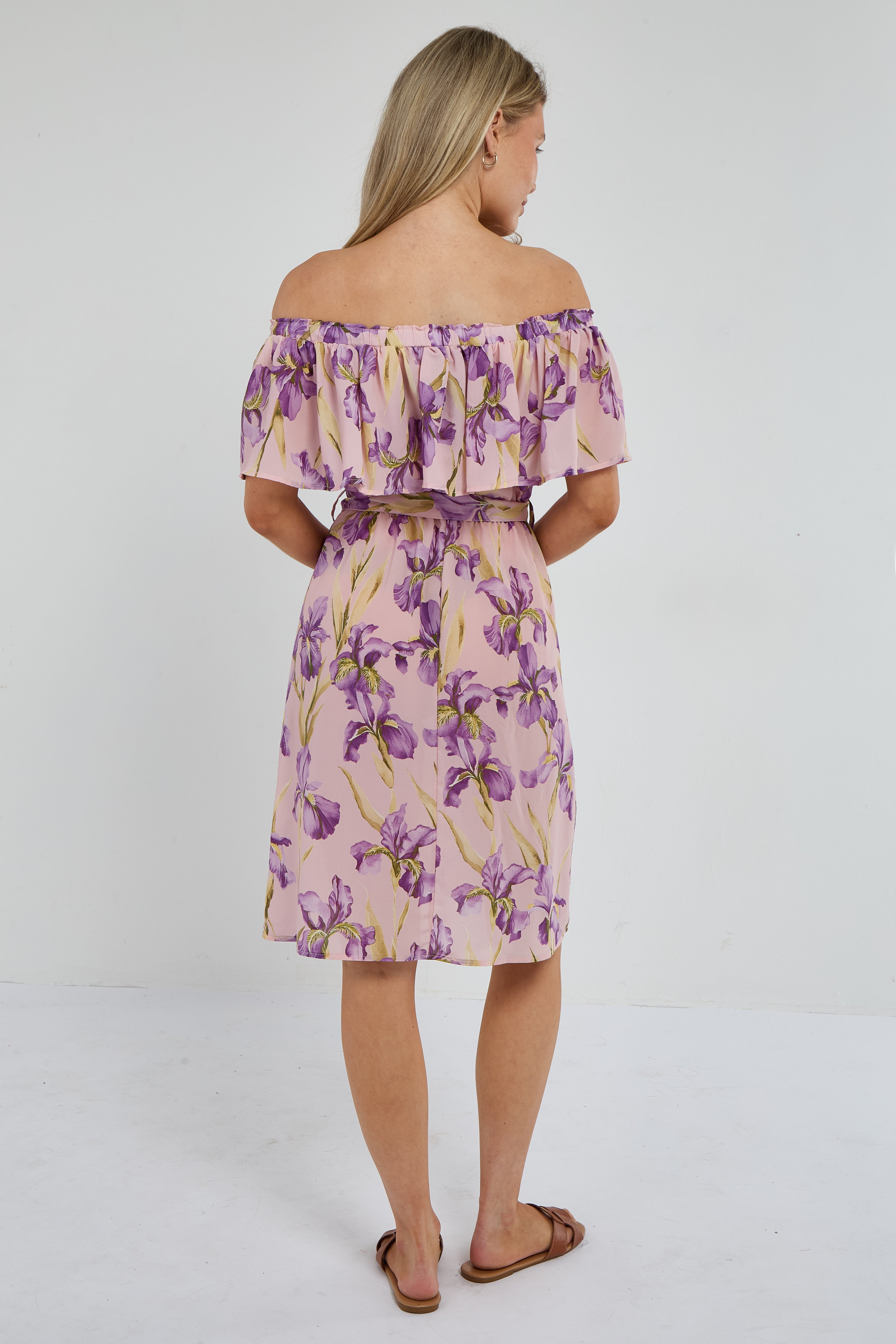 6Pcs Purple Iris Floral Off-Shoulder Miini Dress