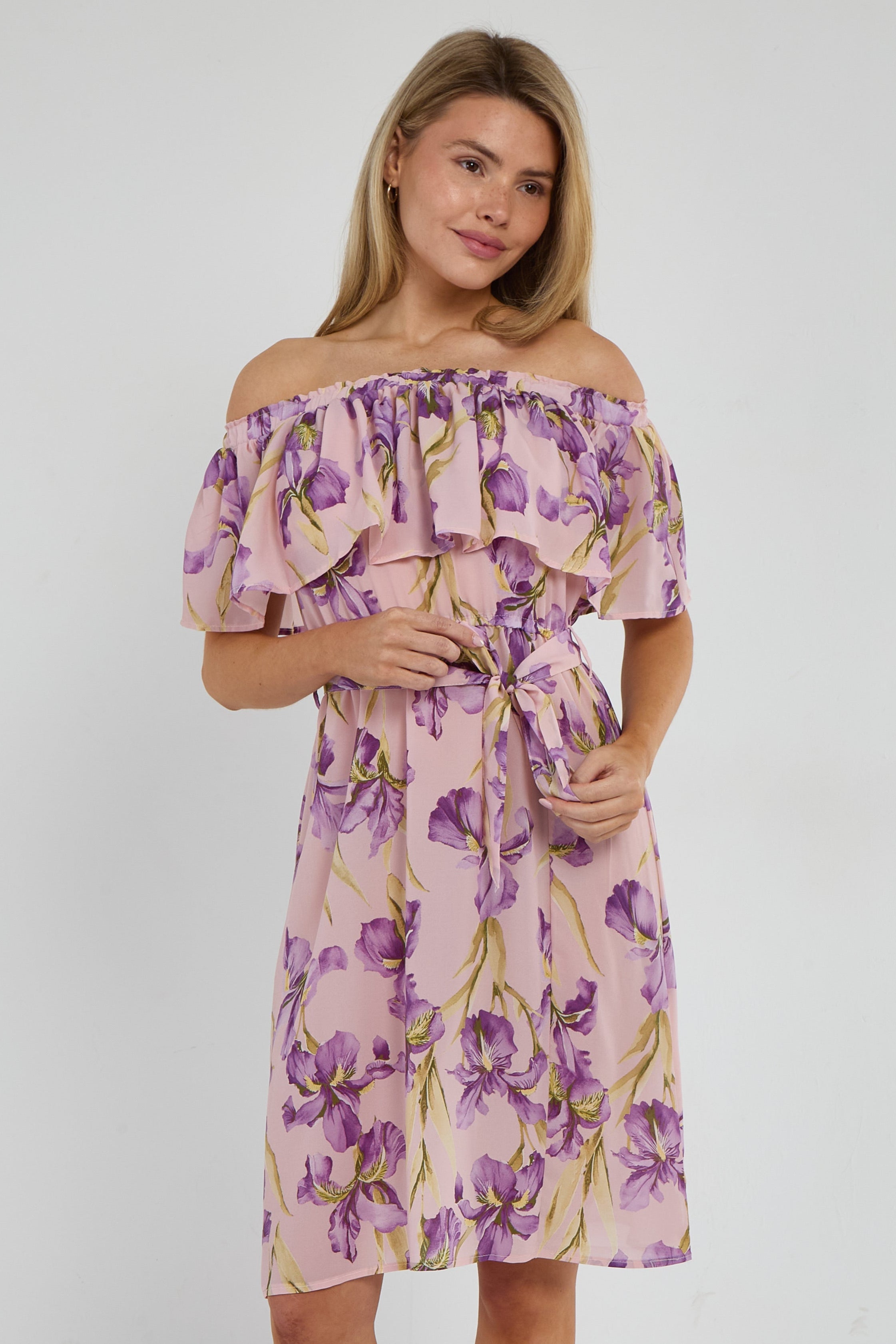 6Pcs Purple Iris Floral Off-Shoulder Miini Dress