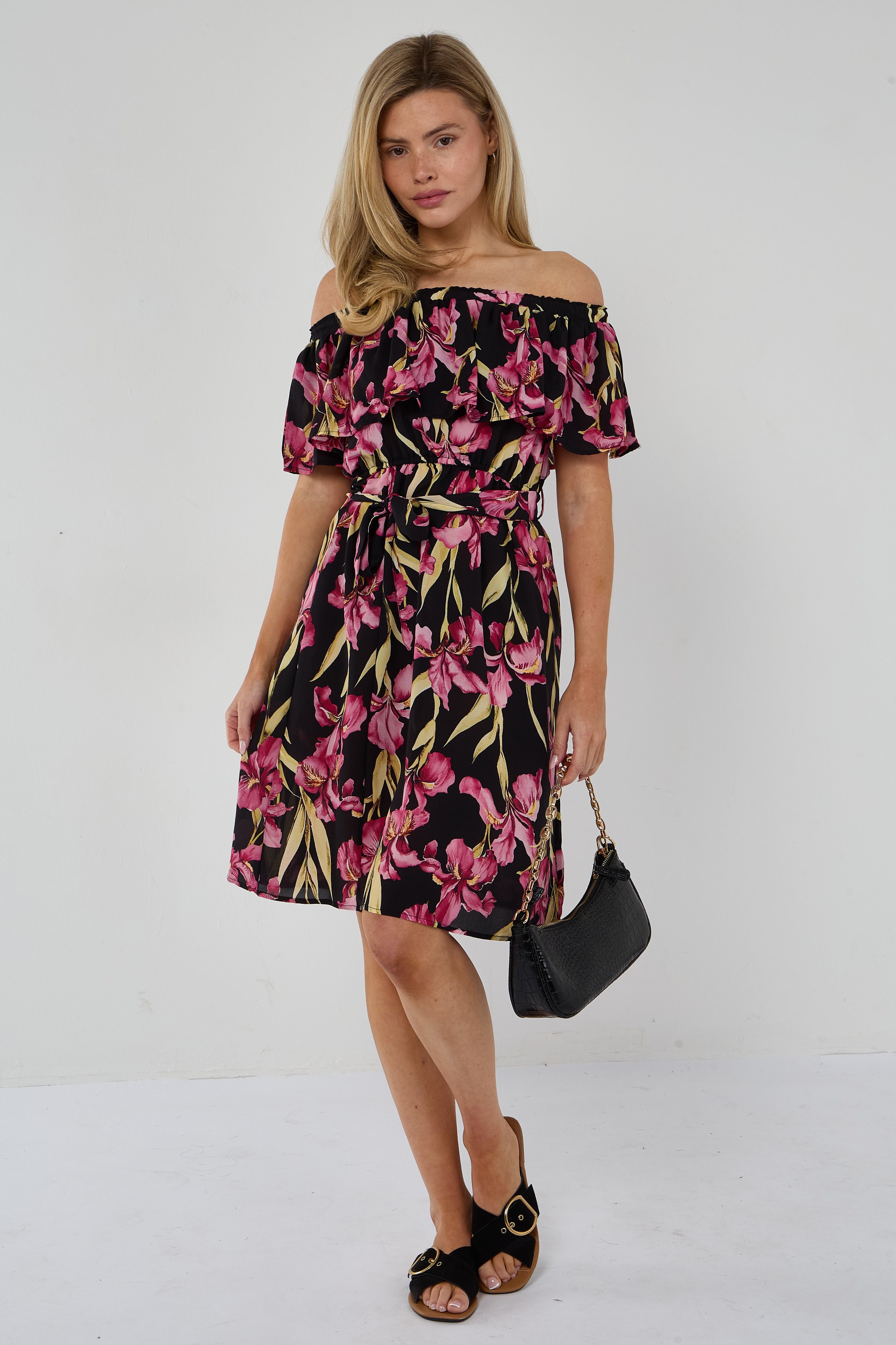 6Pcs Black Iris Floral Off-Shoulder Miini Dress