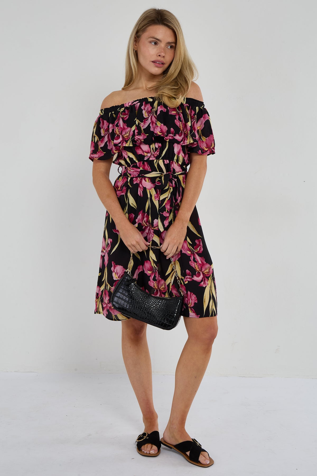 6Pcs Black Iris Floral Off-Shoulder Miini Dress