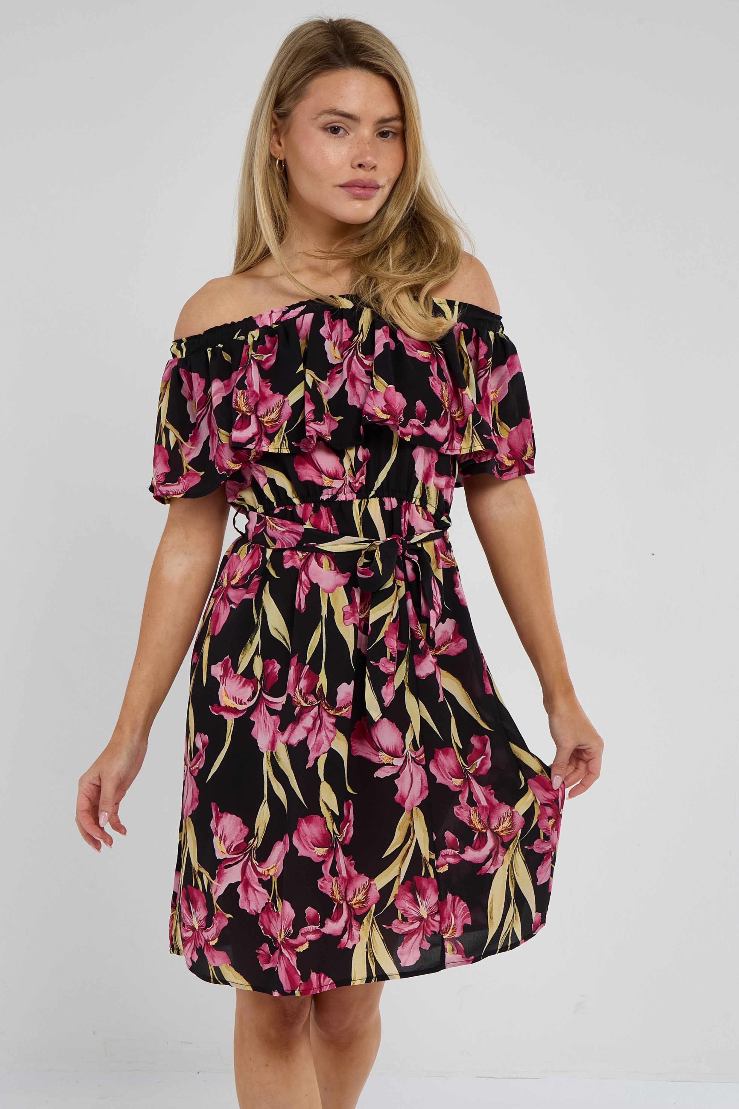 6Pcs Black Iris Floral Off-Shoulder Miini Dress