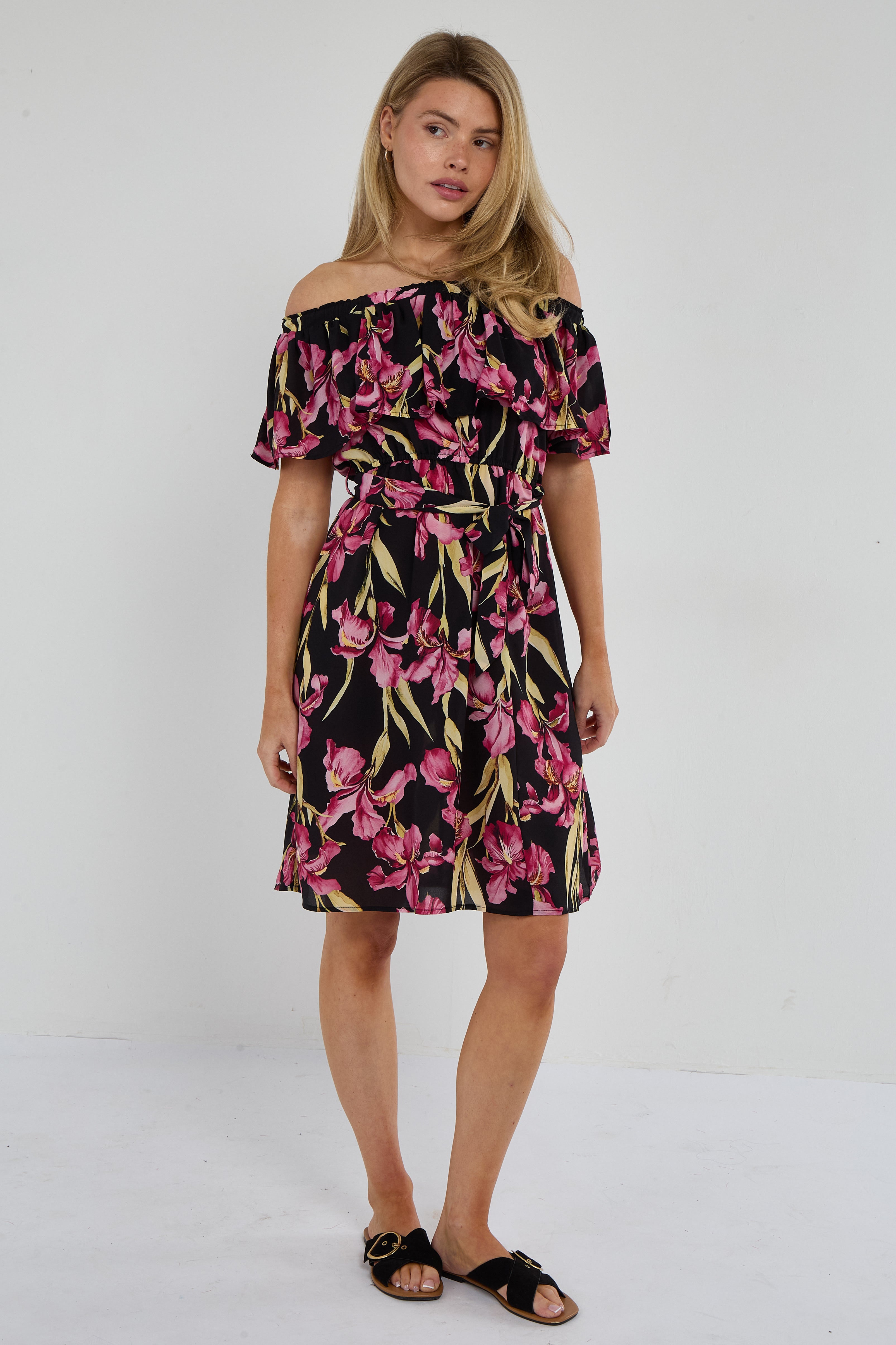 6Pcs Black Iris Floral Off-Shoulder Miini Dress