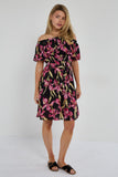 6Pcs Black Iris Floral Off-Shoulder Miini Dress