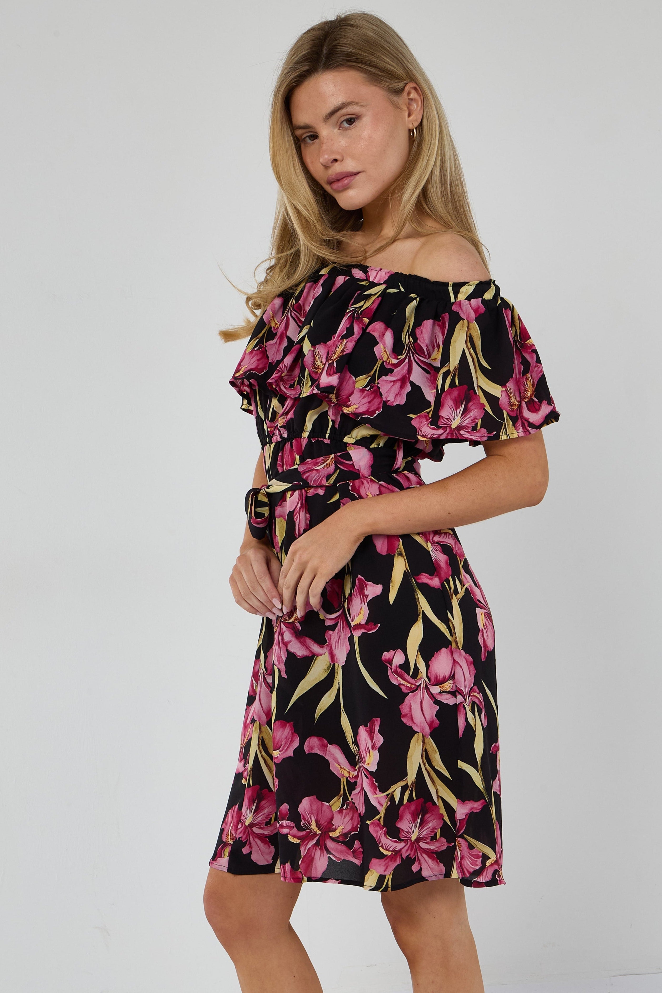 6Pcs Black Iris Floral Off-Shoulder Miini Dress