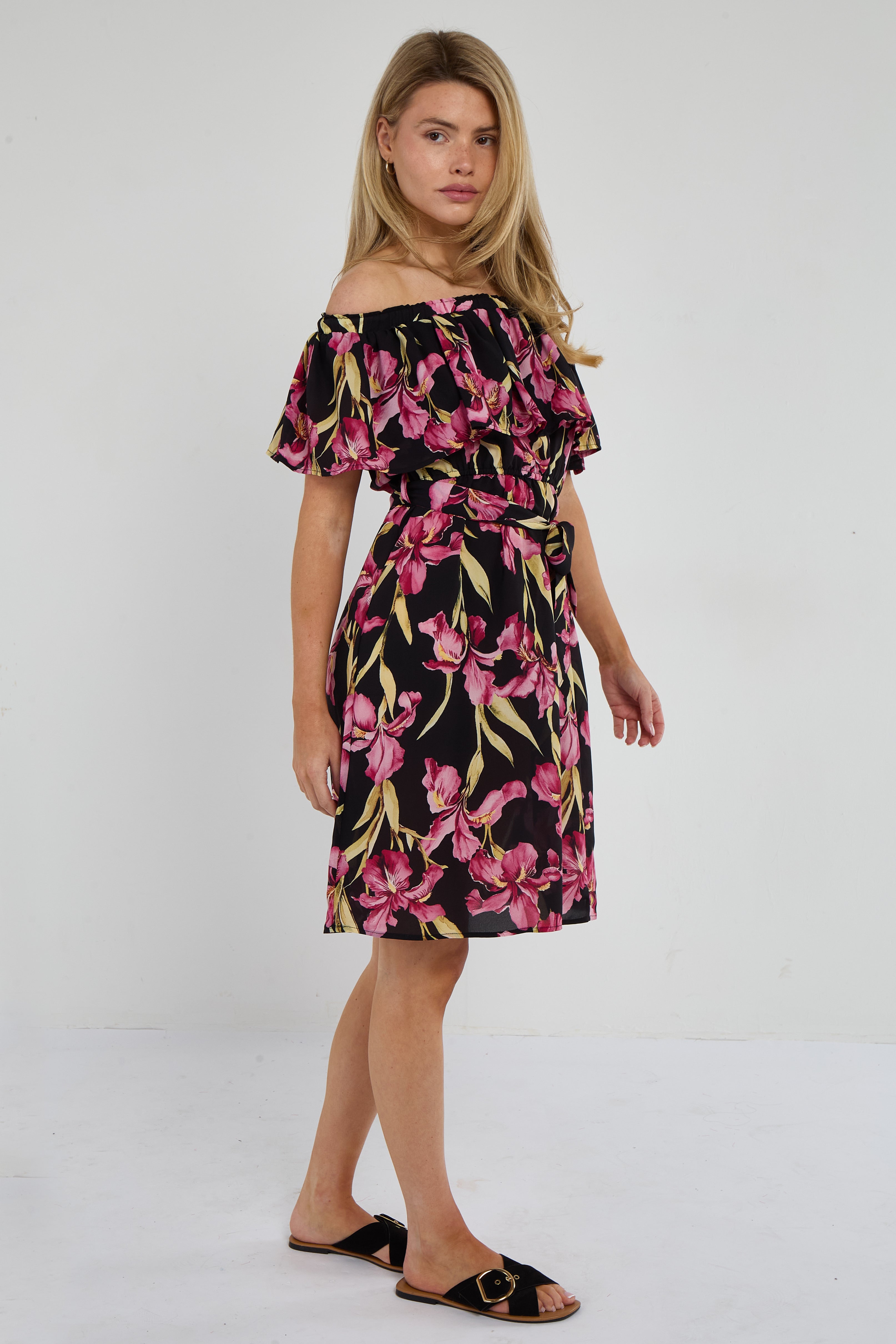 6Pcs Black Iris Floral Off-Shoulder Miini Dress