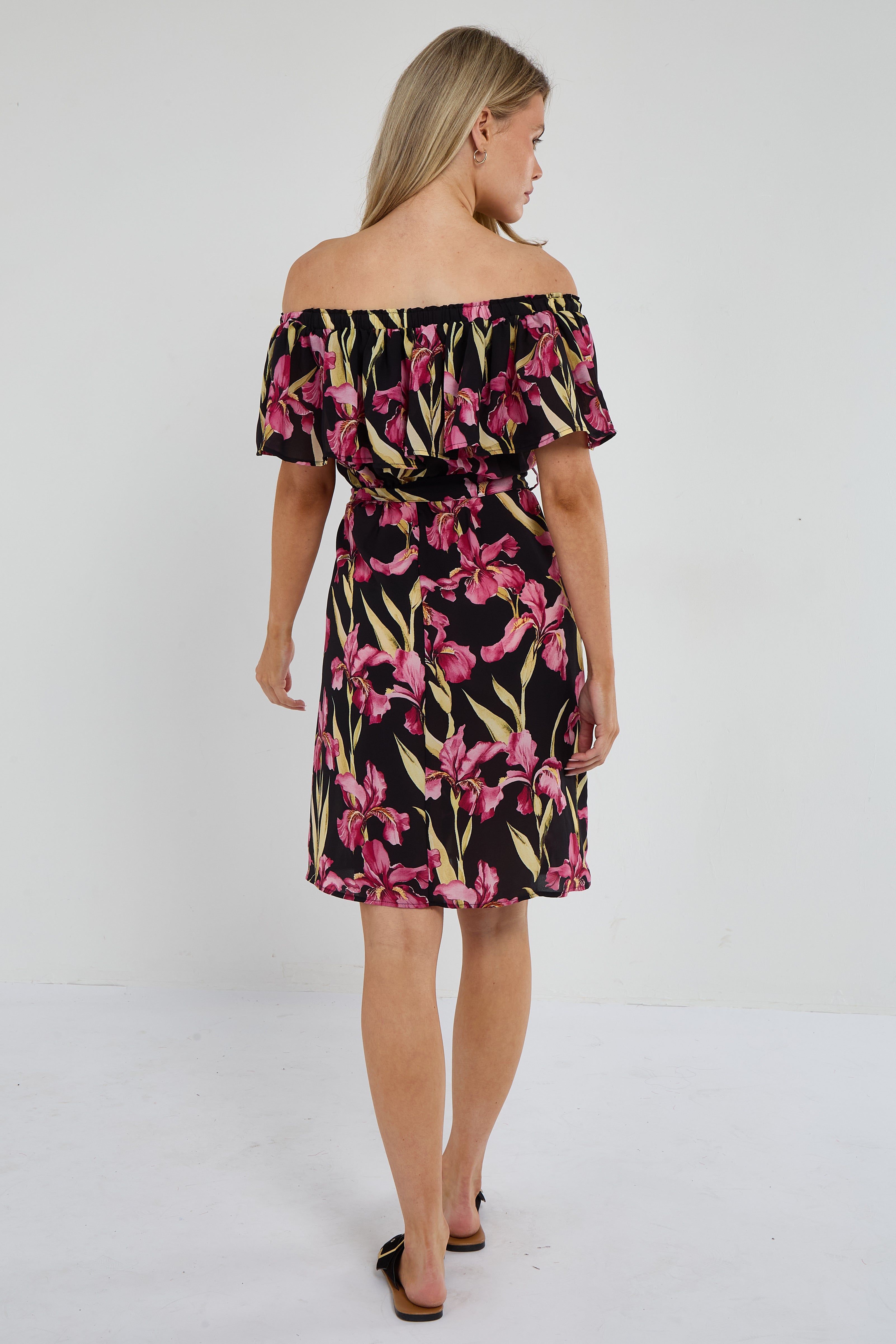 6Pcs Black Iris Floral Off-Shoulder Miini Dress