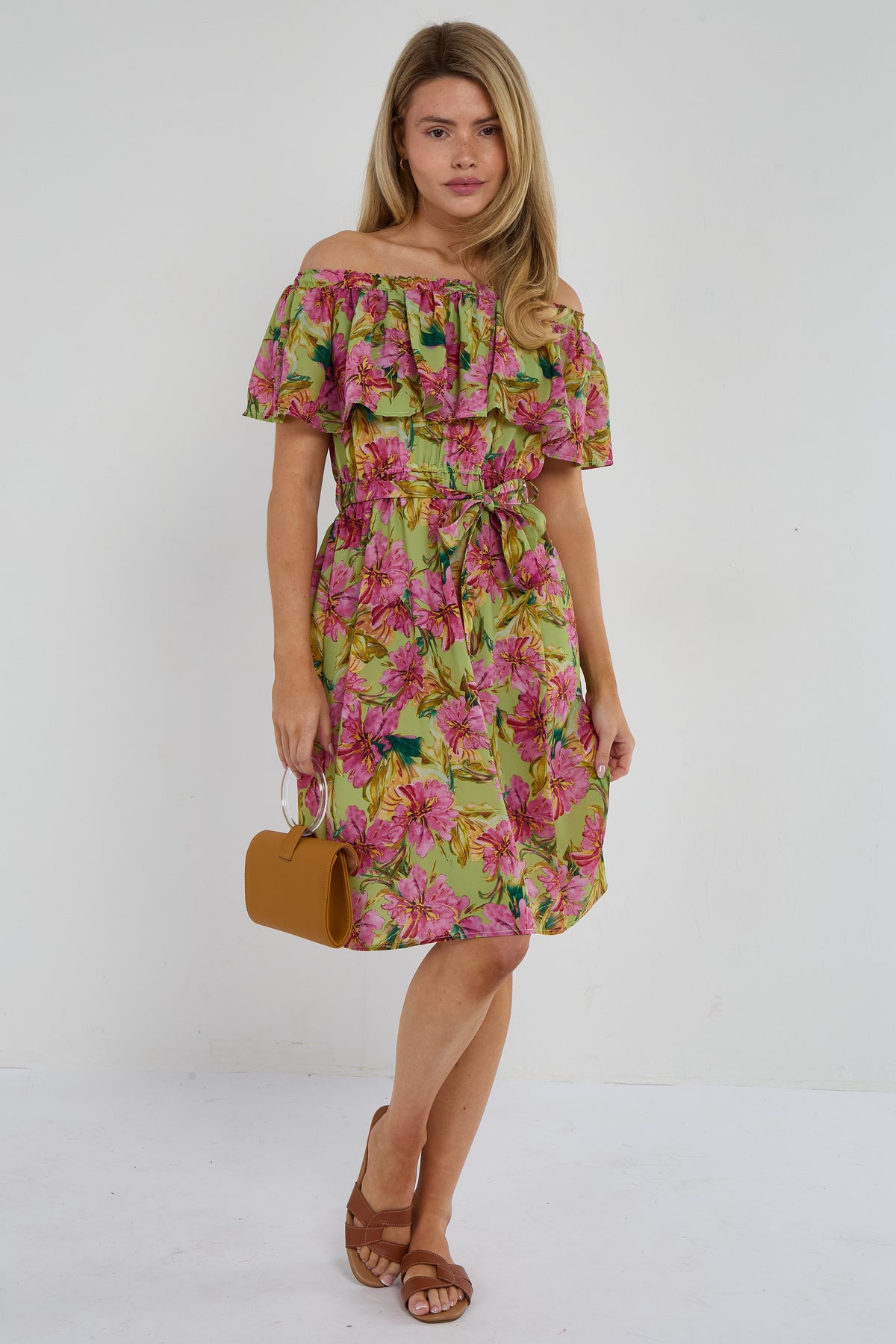 6Pcs Green Tropical Floral Off-Shoulder Mini Dress