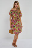 6Pcs Green Tropical Floral Off-Shoulder Mini Dress
