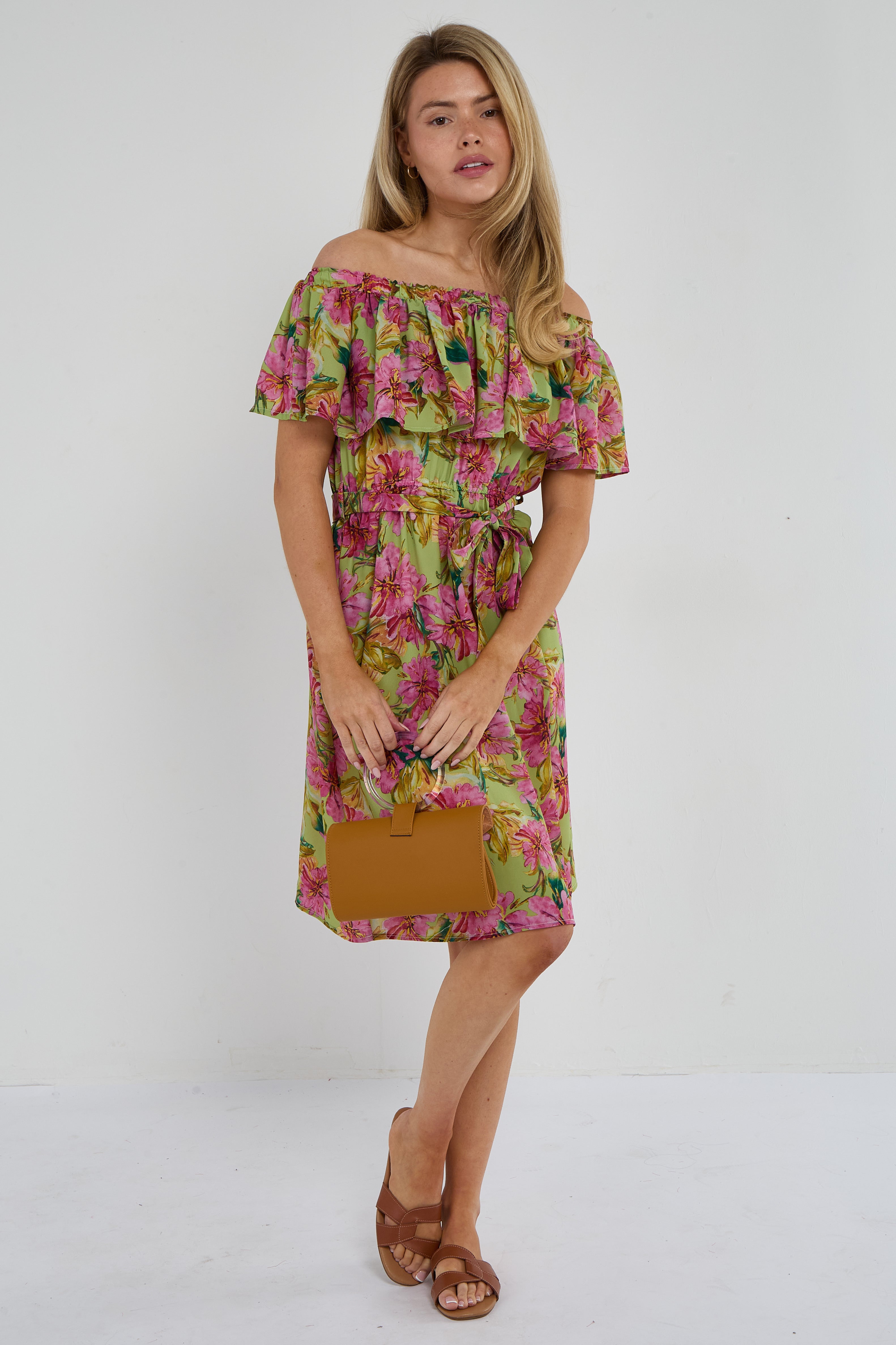 6Pcs Green Tropical Floral Off-Shoulder Mini Dress