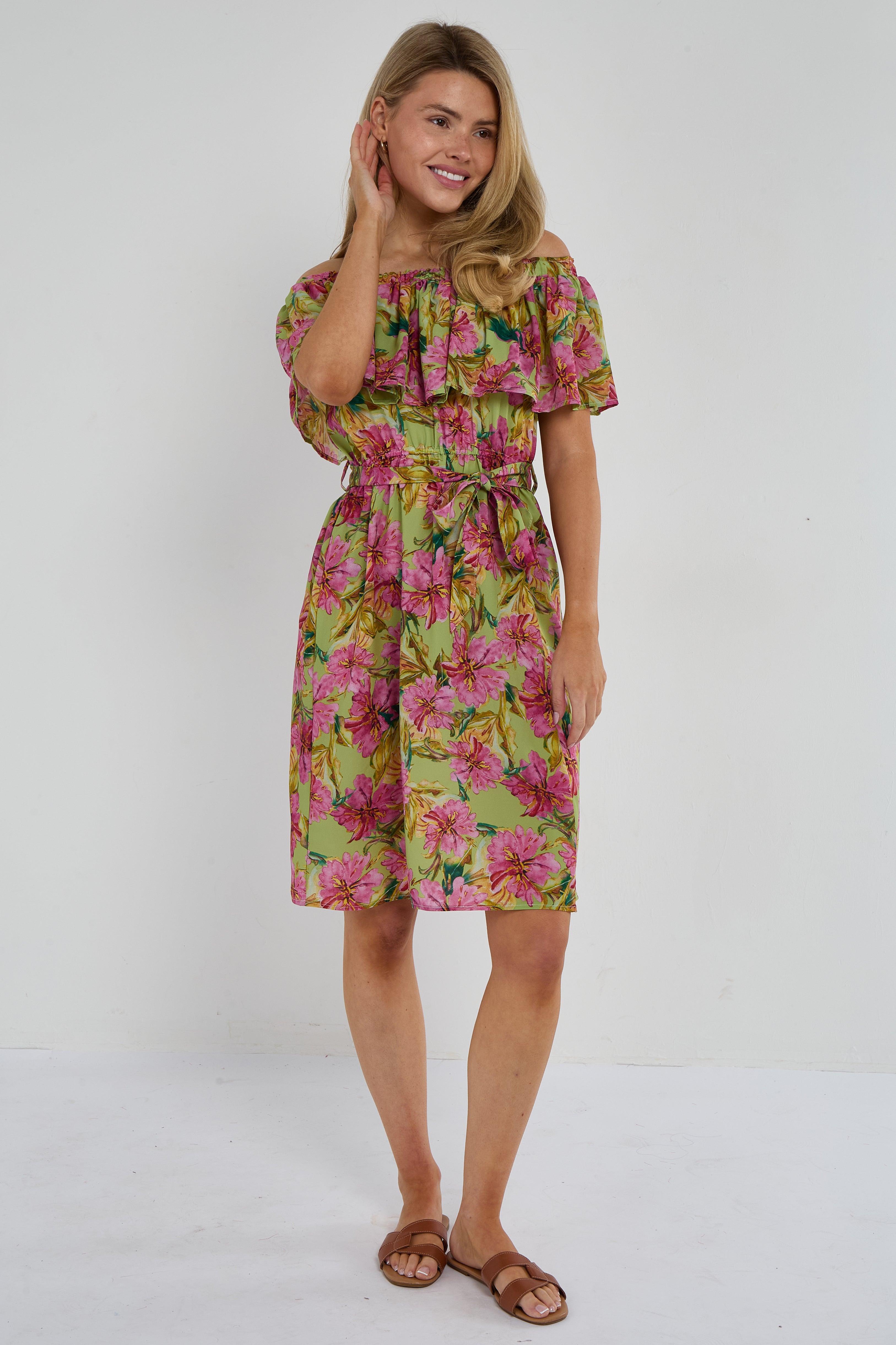 6Pcs Green Tropical Floral Off-Shoulder Mini Dress