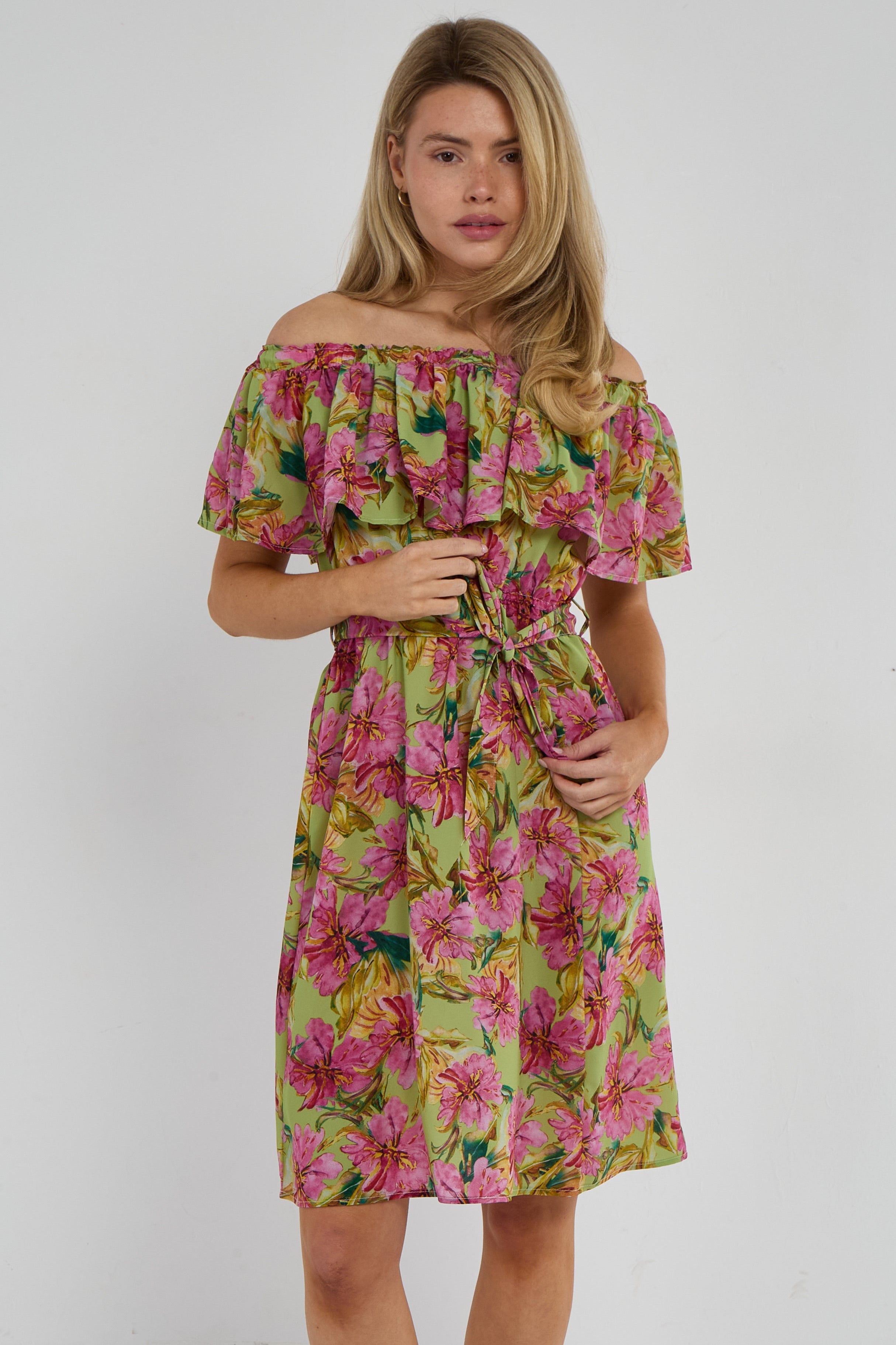 6Pcs Green Tropical Floral Off-Shoulder Mini Dress