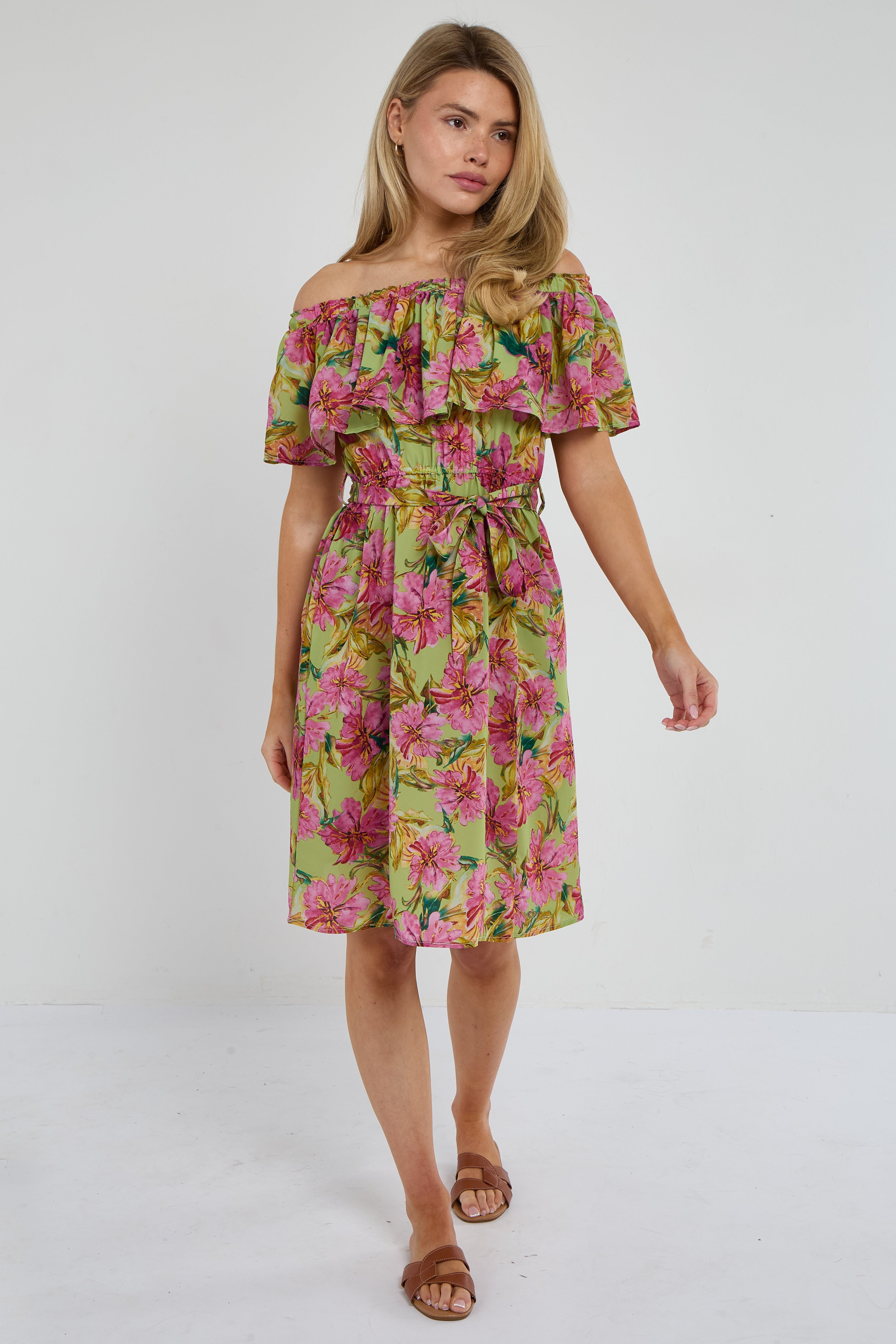 6Pcs Green Tropical Floral Off-Shoulder Mini Dress