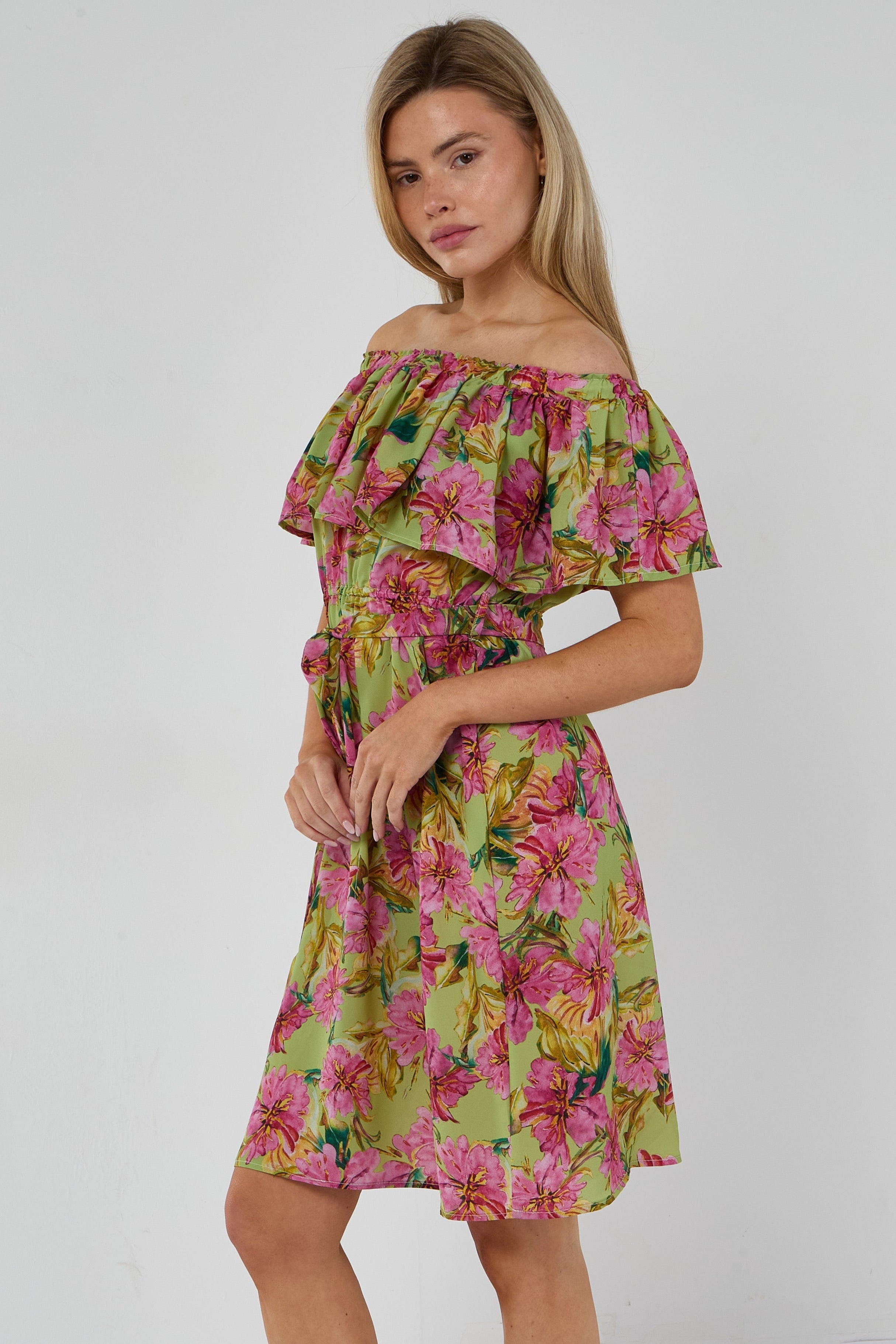 6Pcs Green Tropical Floral Off-Shoulder Mini Dress