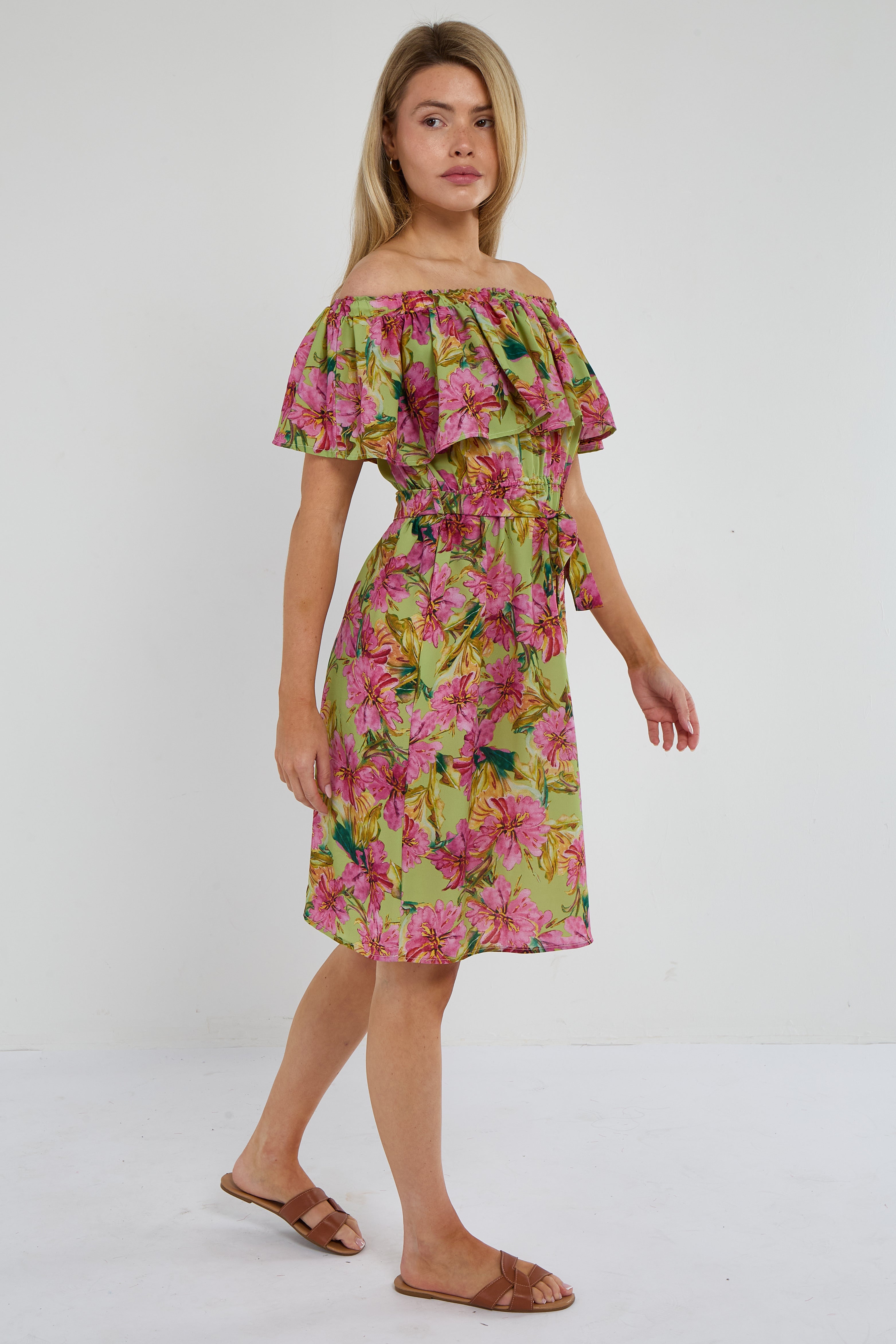 6Pcs Green Tropical Floral Off-Shoulder Mini Dress