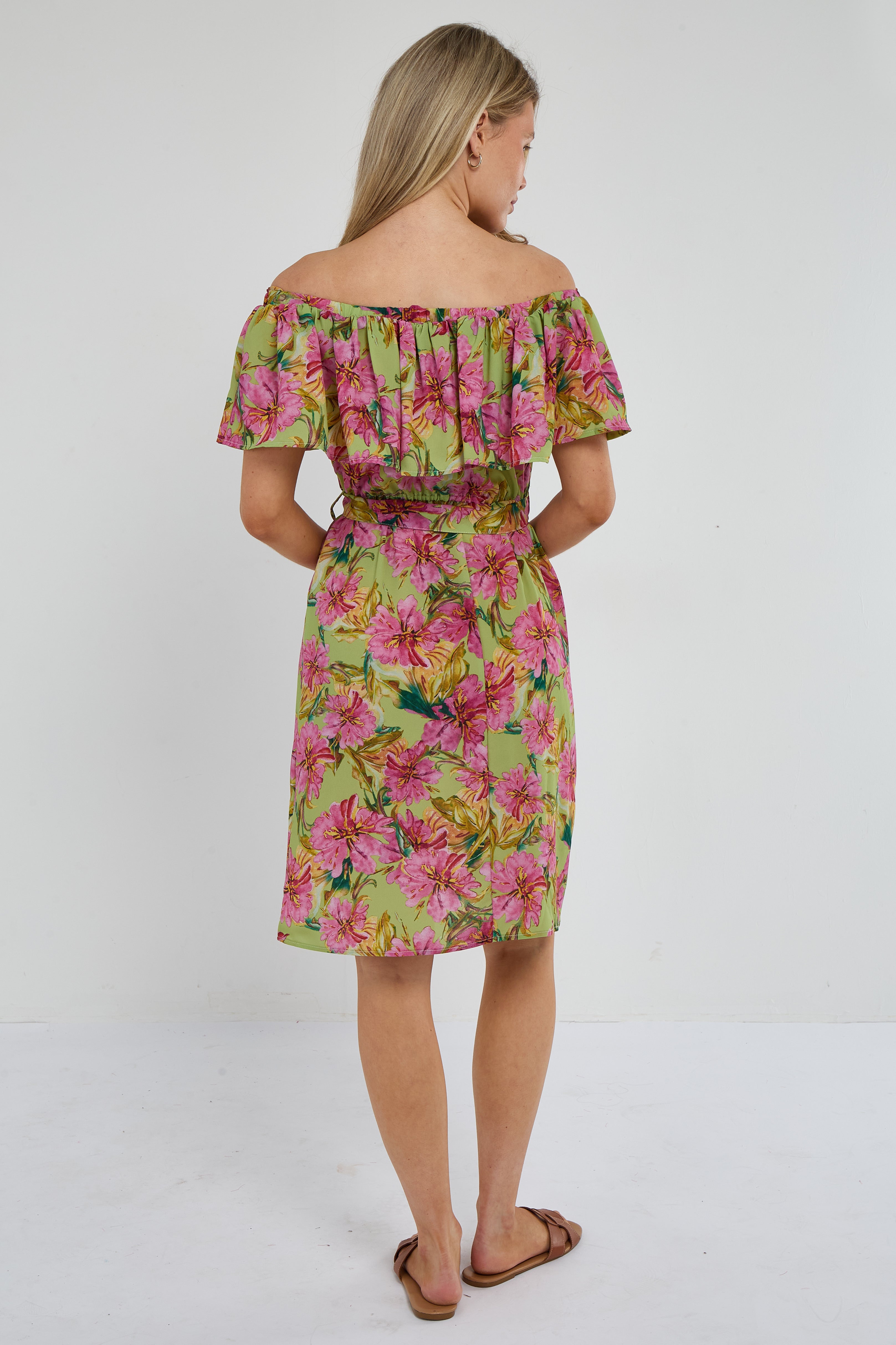 6Pcs Green Tropical Floral Off-Shoulder Mini Dress