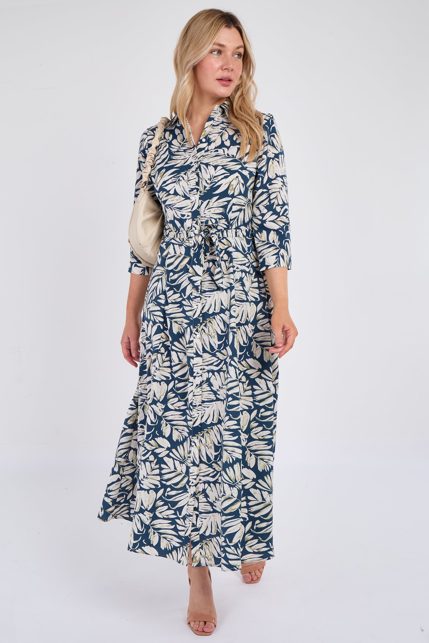 8Pcs Navy Leaf Print Maxi Shirt Dress
