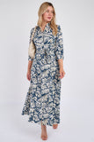 8Pcs Navy Leaf Print Maxi Shirt Dress