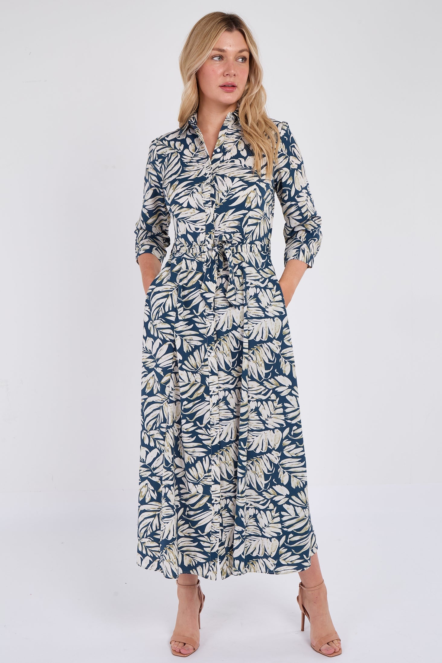 8Pcs Navy Leaf Print Maxi Shirt Dress