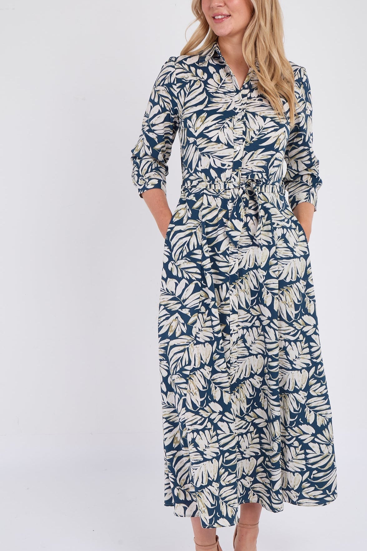 8Pcs Navy Leaf Print Maxi Shirt Dress