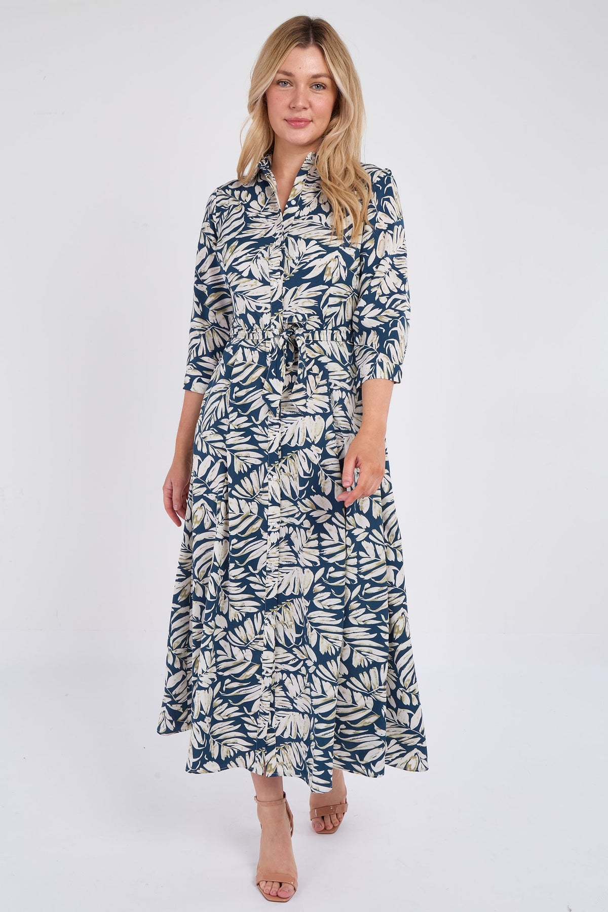 8Pcs Navy Leaf Print Maxi Shirt Dress