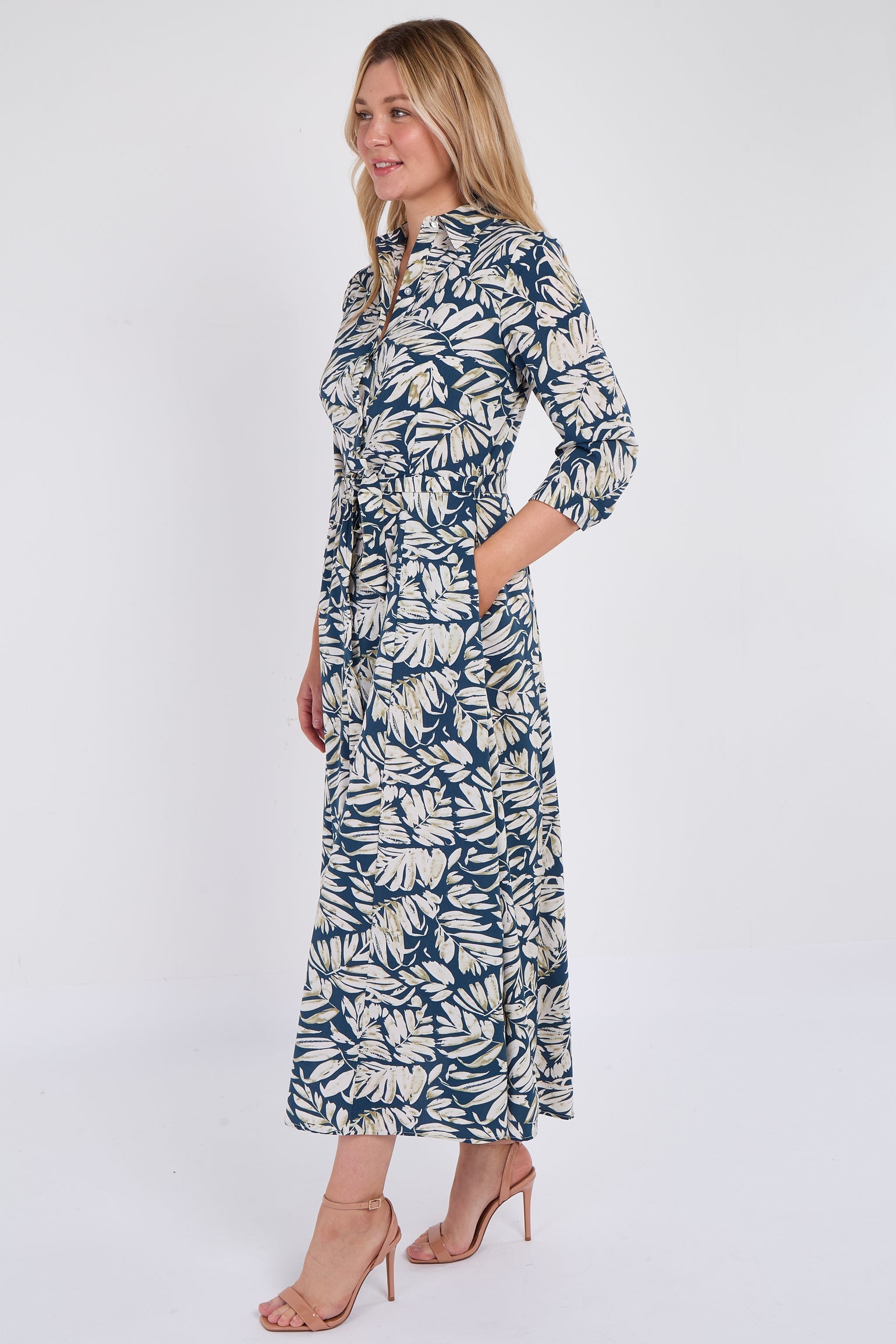 8Pcs Navy Leaf Print Maxi Shirt Dress