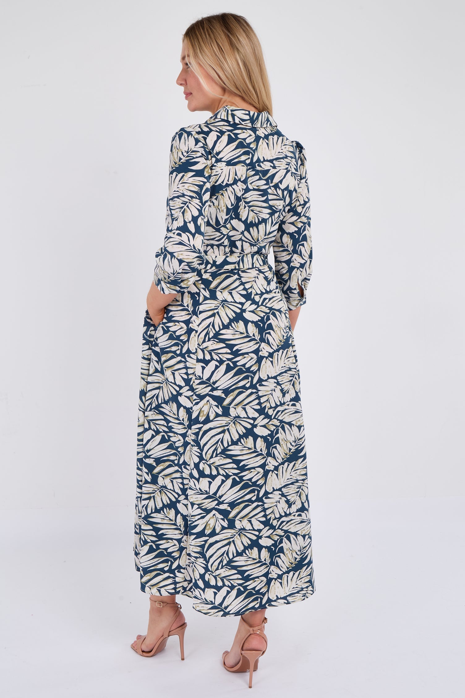 8Pcs Navy Leaf Print Maxi Shirt Dress