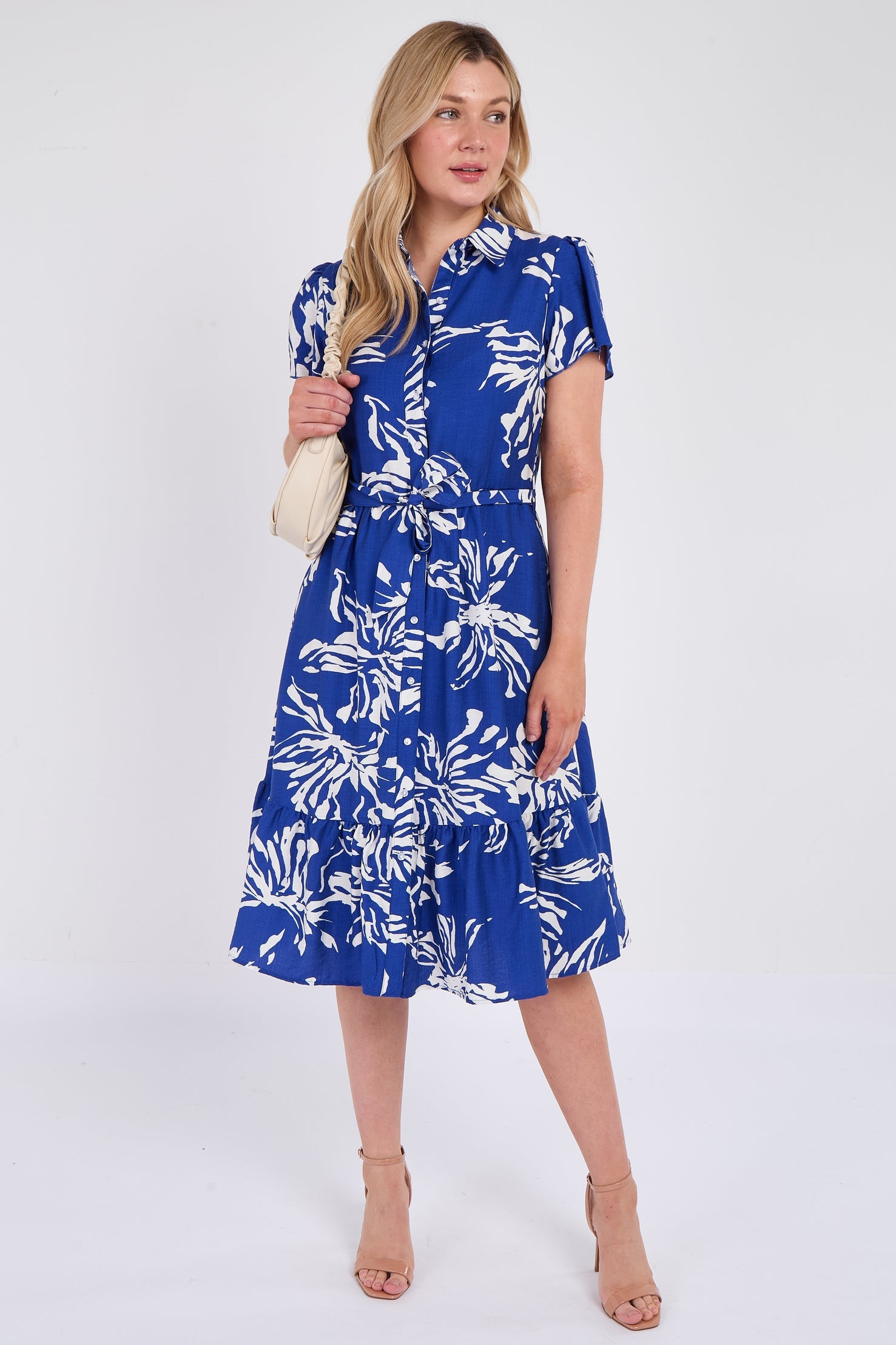 8Pcs Cobalt Floral Print  Frilled Hem Midi Dress