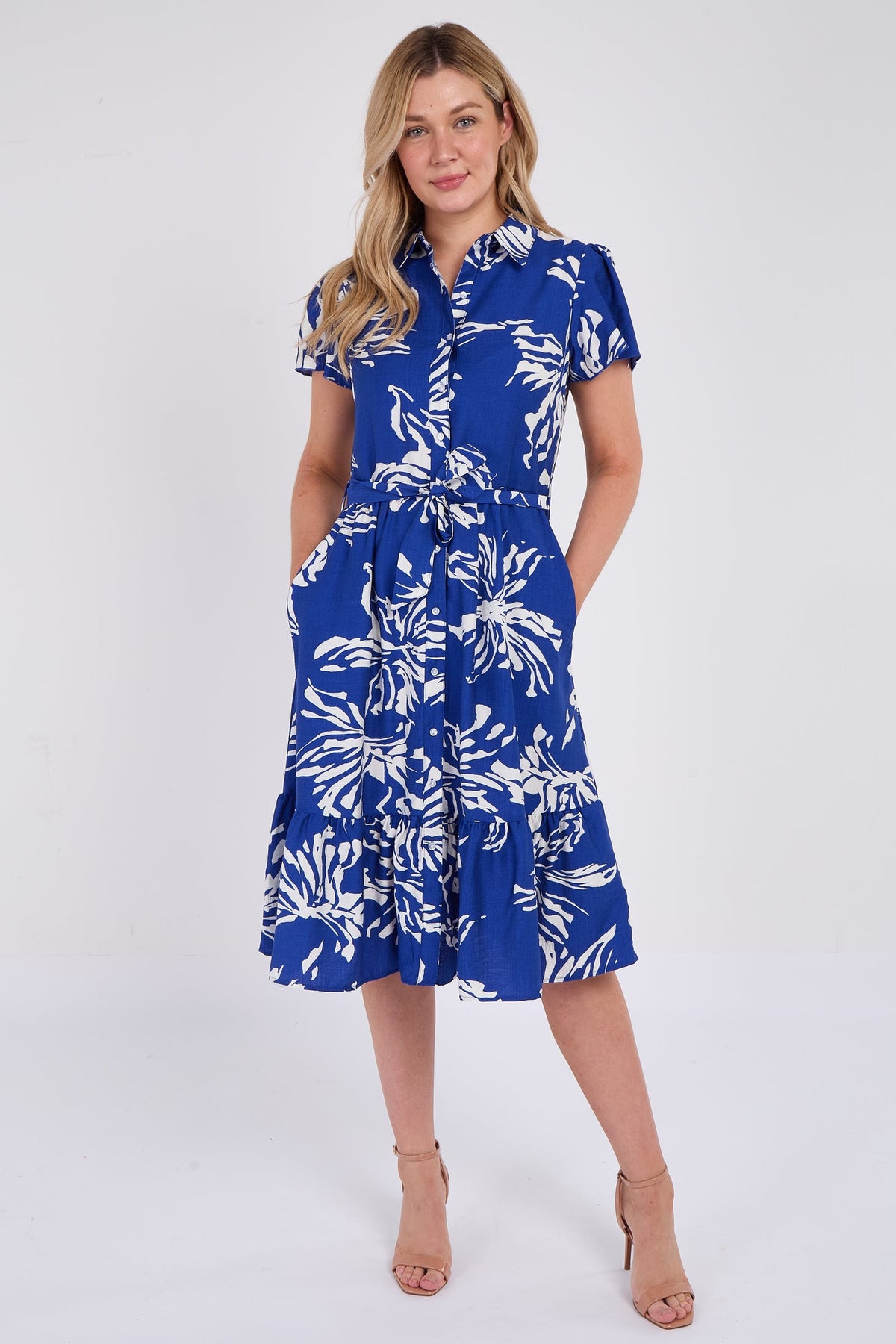 8Pcs Cobalt Floral Print  Frilled Hem Midi Dress