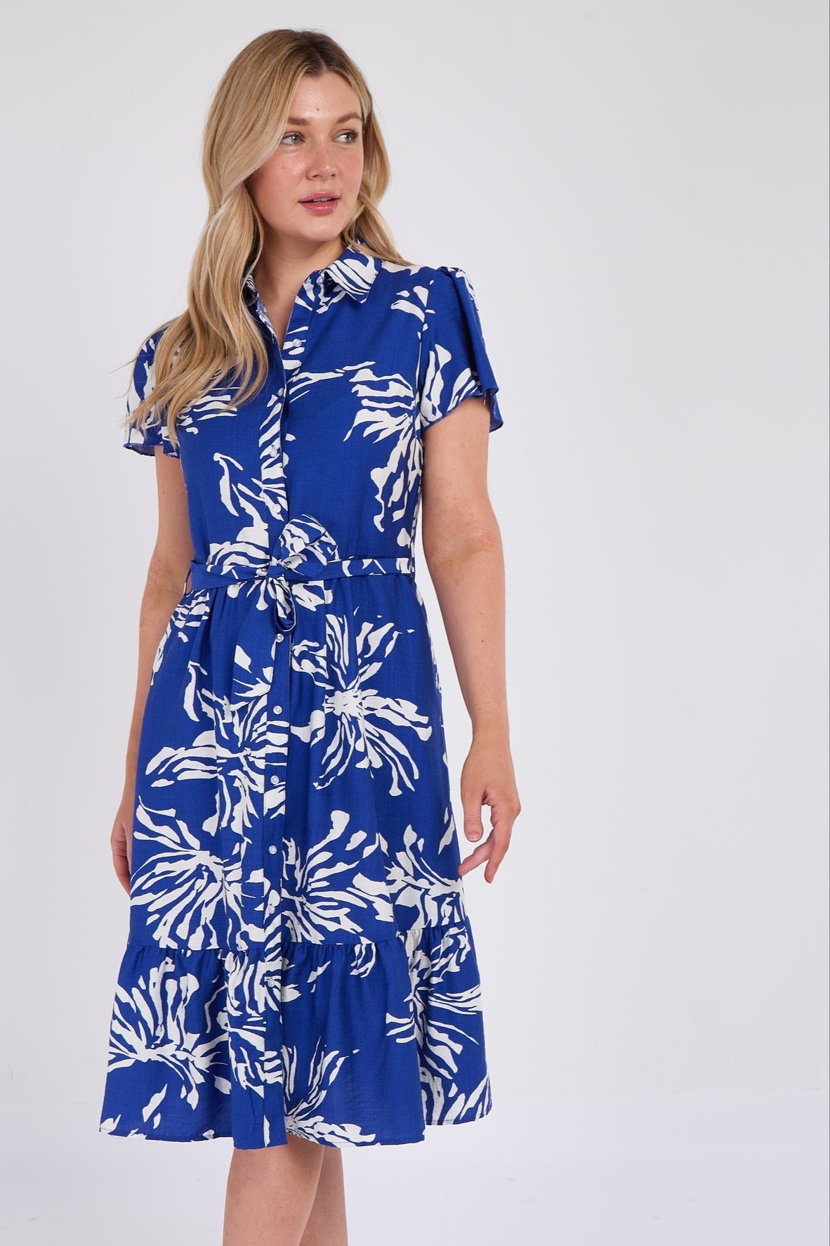 8Pcs Cobalt Floral Print  Frilled Hem Midi Dress