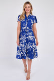 8Pcs Cobalt Floral Print  Frilled Hem Midi Dress