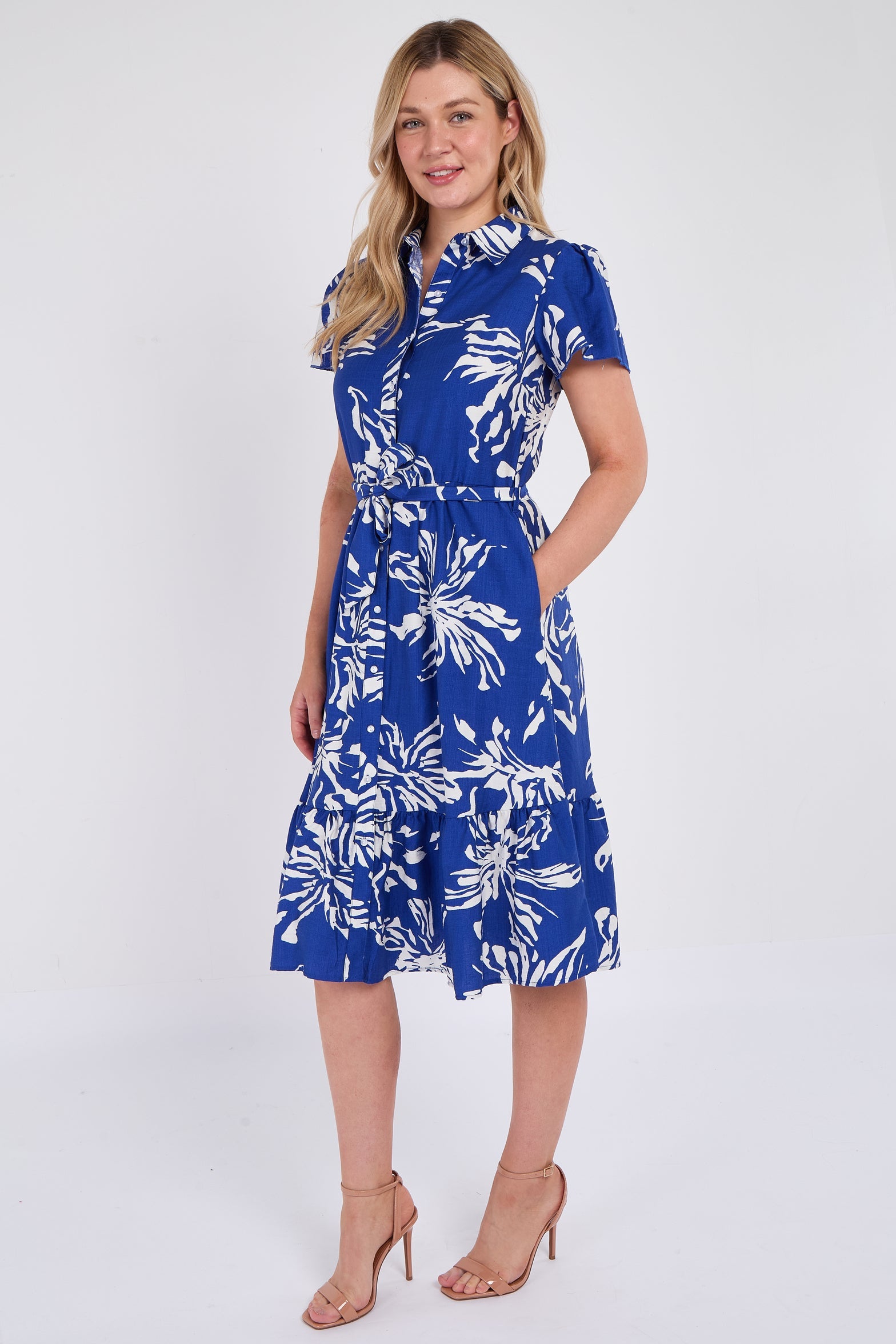 8Pcs Cobalt Floral Print  Frilled Hem Midi Dress