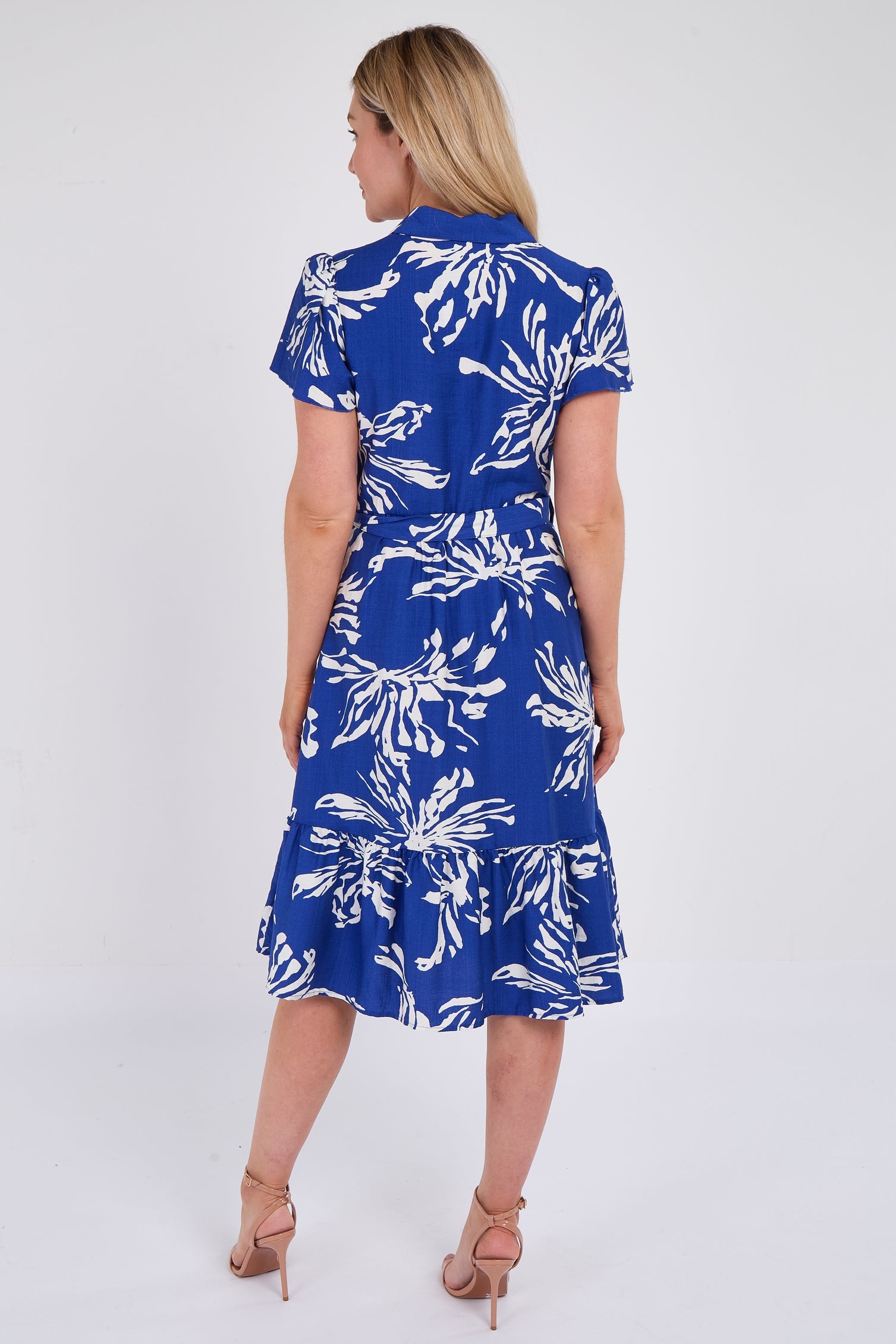 8Pcs Cobalt Floral Print  Frilled Hem Midi Dress
