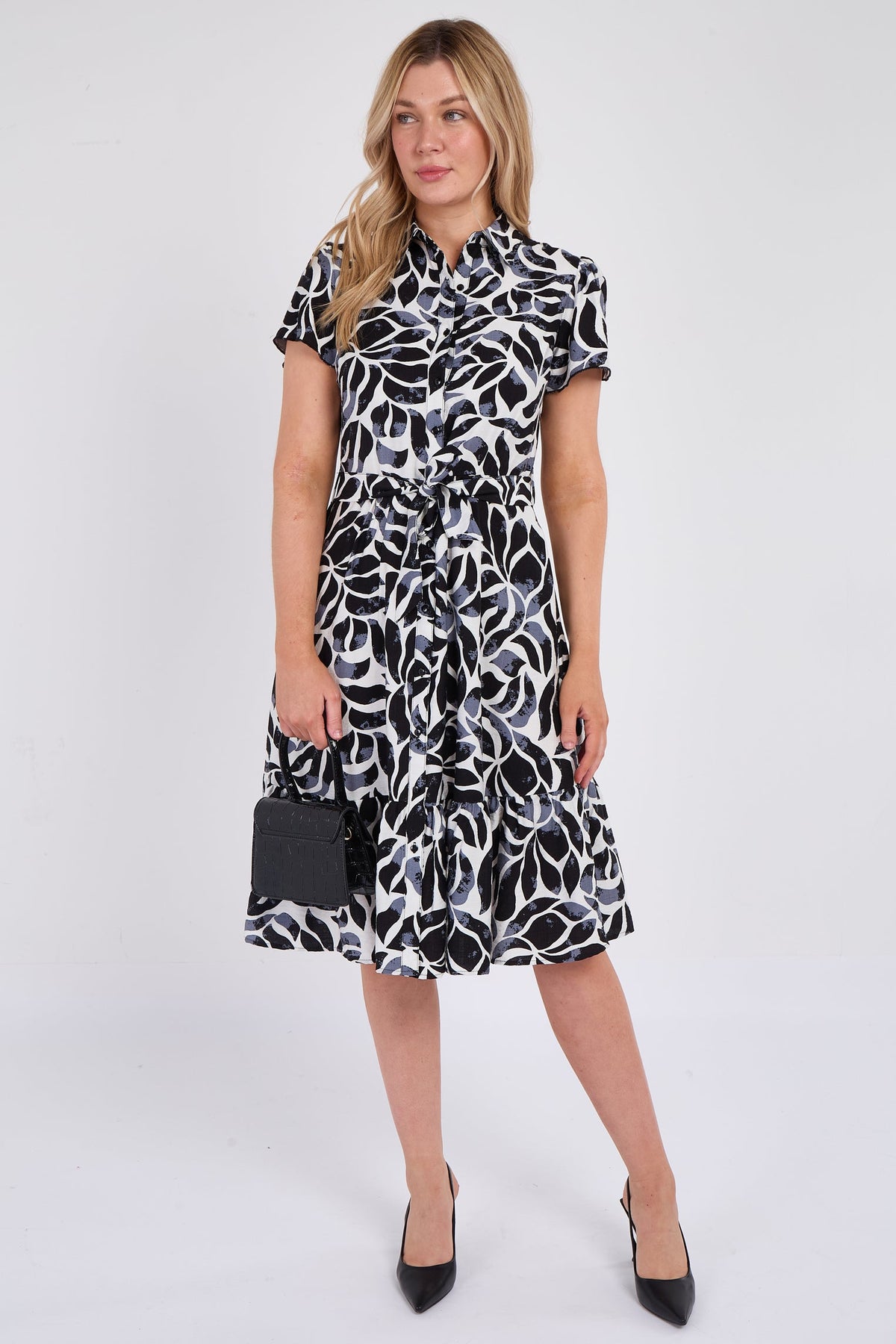 8Pcs Grey Printed Short Sleeve Midi Dress
