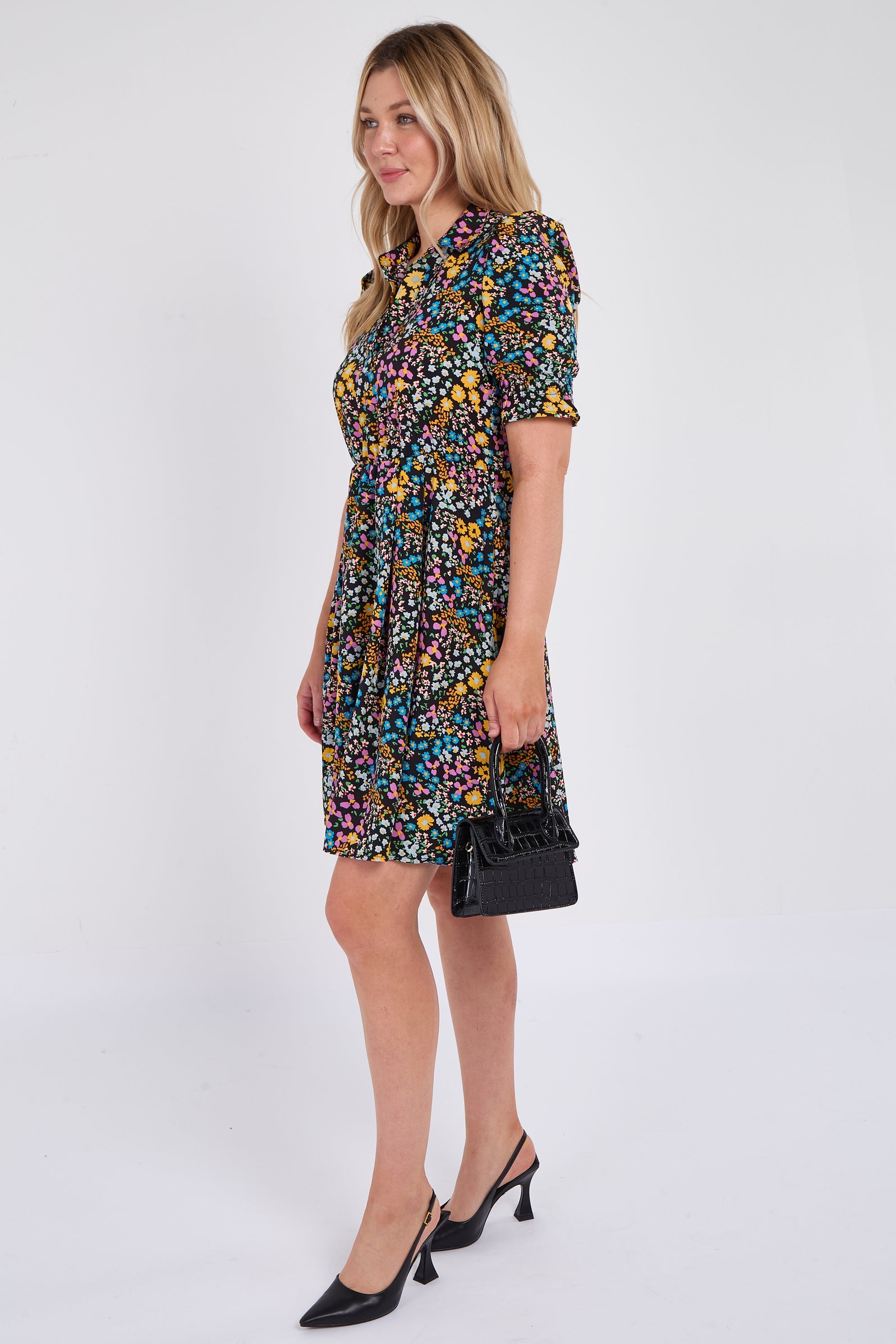 8Pcs Ditsy Floral Print Black Mini Dress