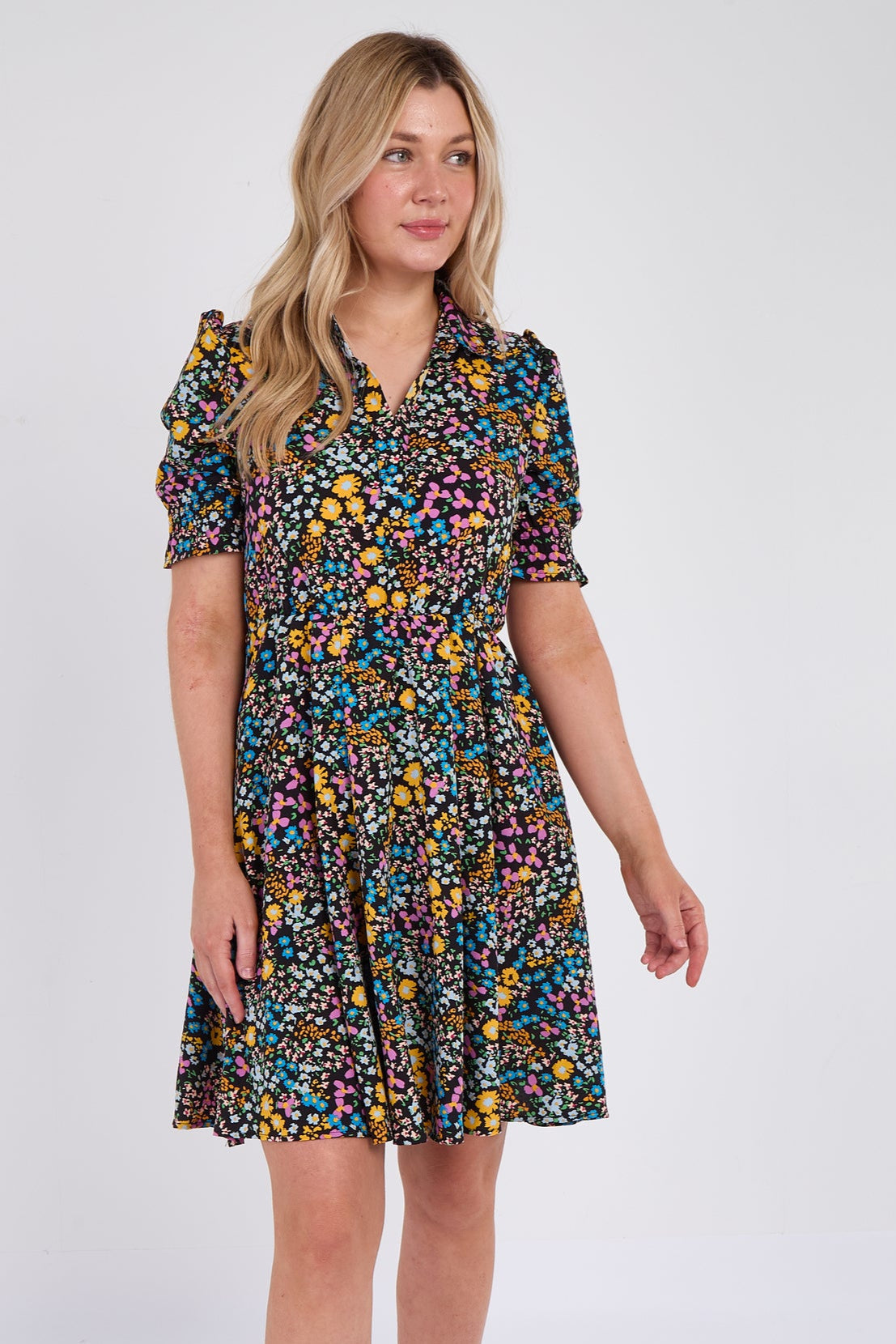 8Pcs Ditsy Floral Print Black Mini Dress