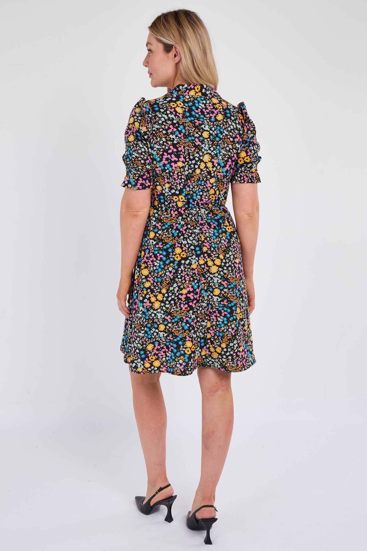 8Pcs Ditsy Floral Print Black Mini Dress