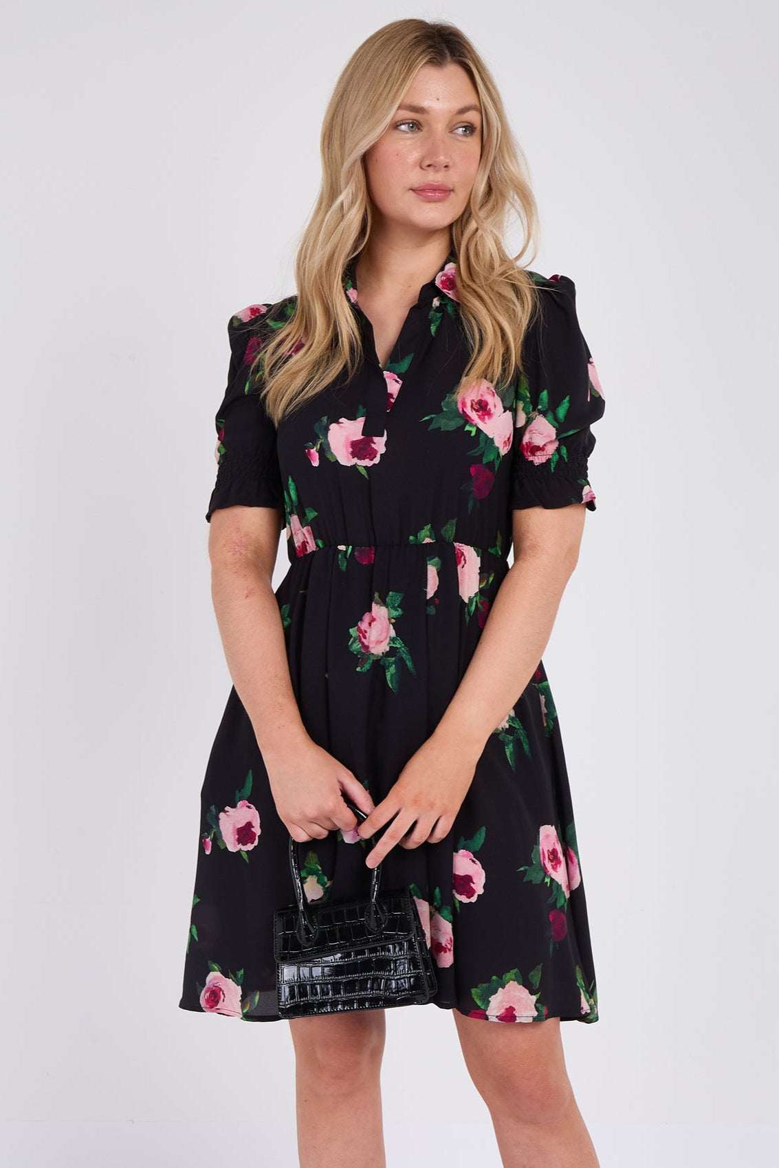 8Pcs Black Roses Print Mini Dress