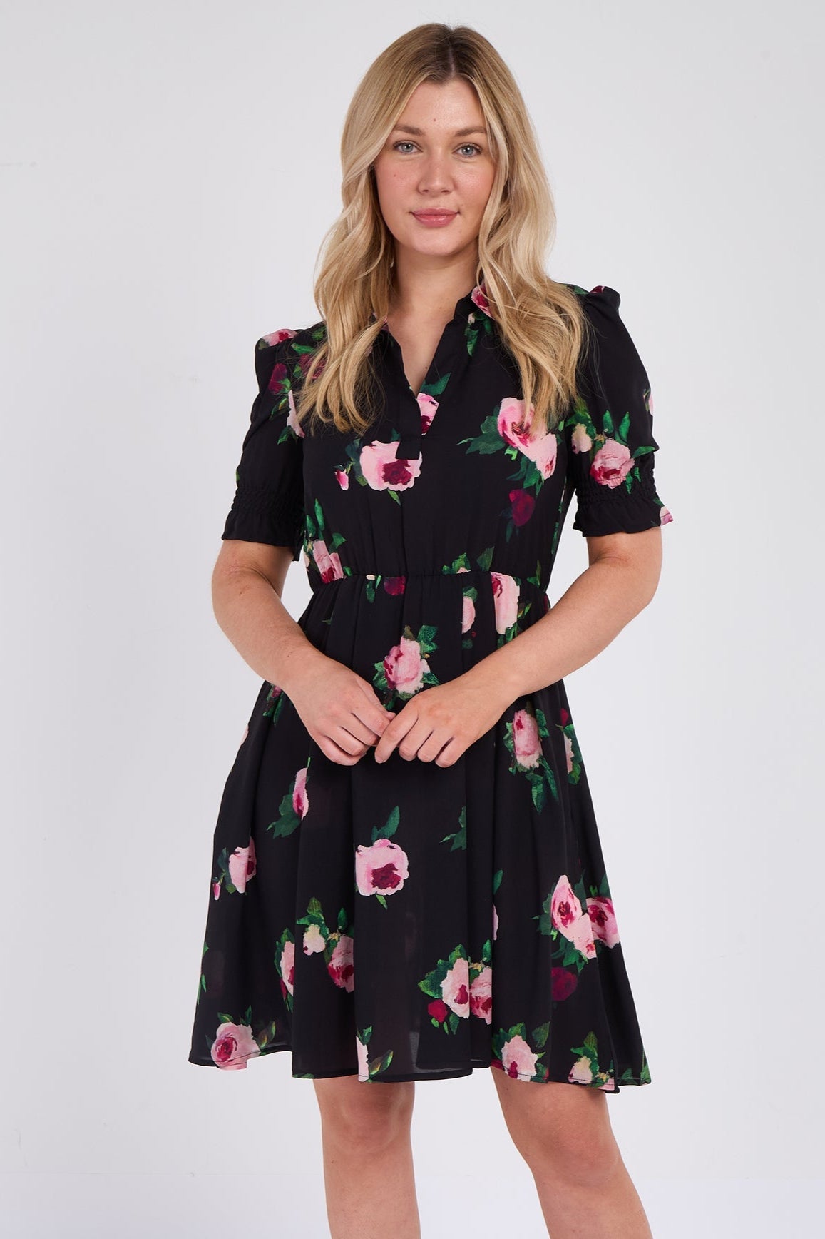 8Pcs Black Roses Print Mini Dress