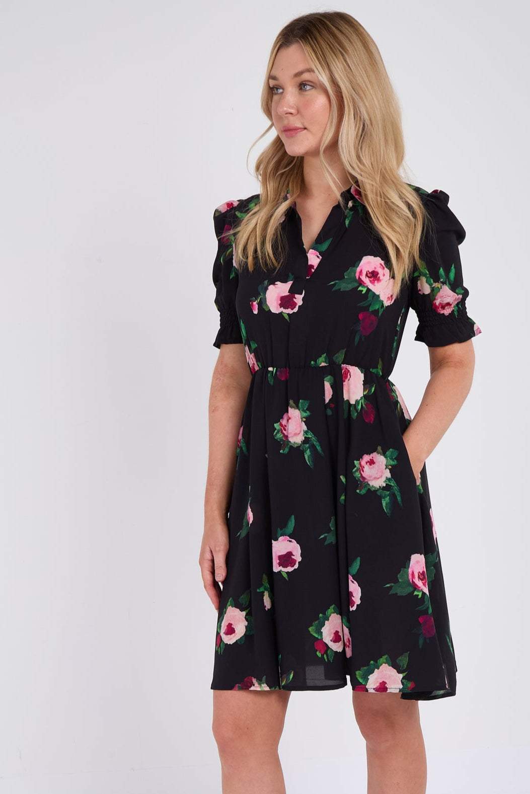 8Pcs Black Roses Print Mini Dress