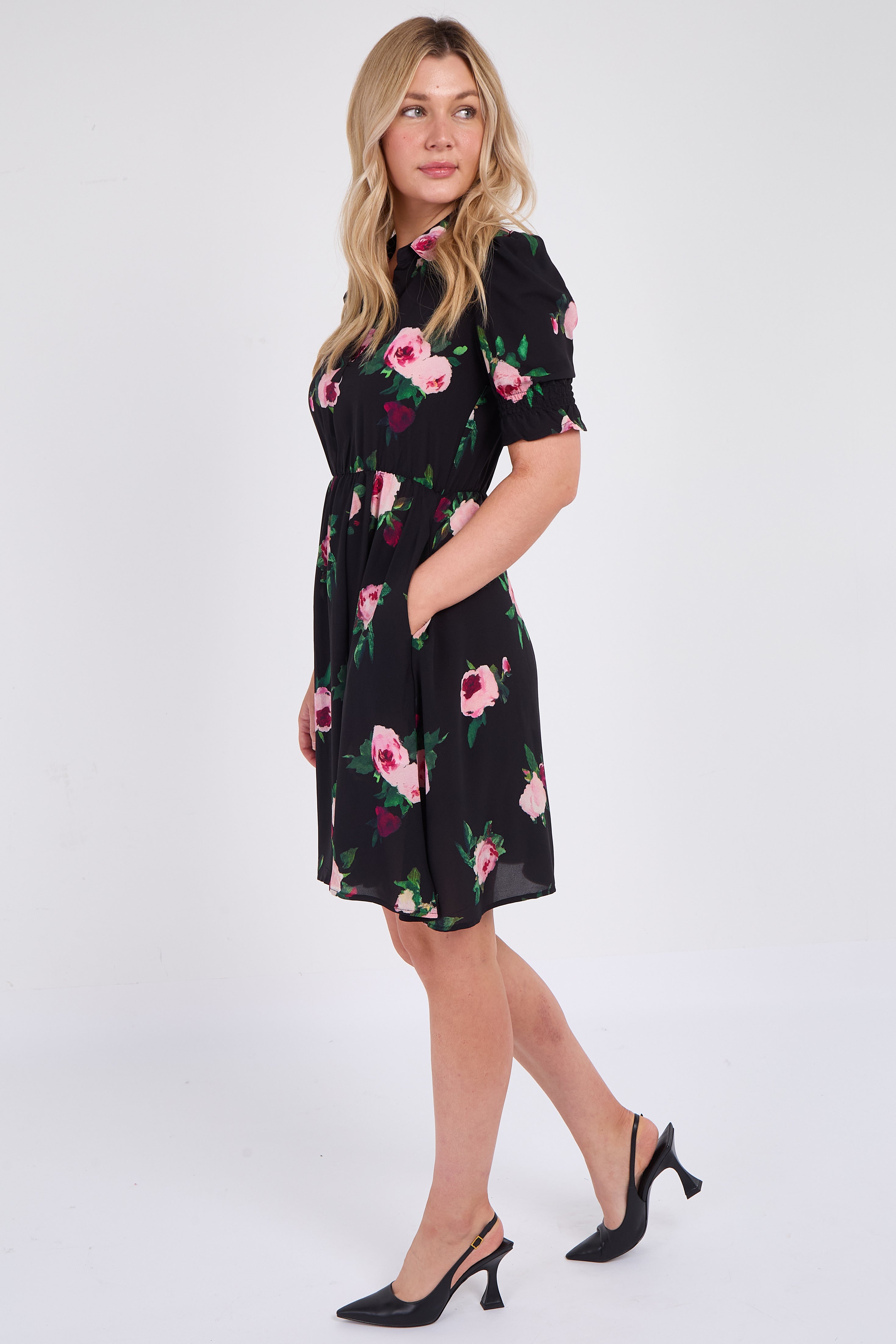 8Pcs Black Roses Print Mini Dress
