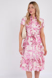 8Pcs Pink Swirl Print  Frilled Hem Midi Dress
