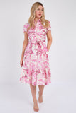 8Pcs Pink Swirl Print  Frilled Hem Midi Dress