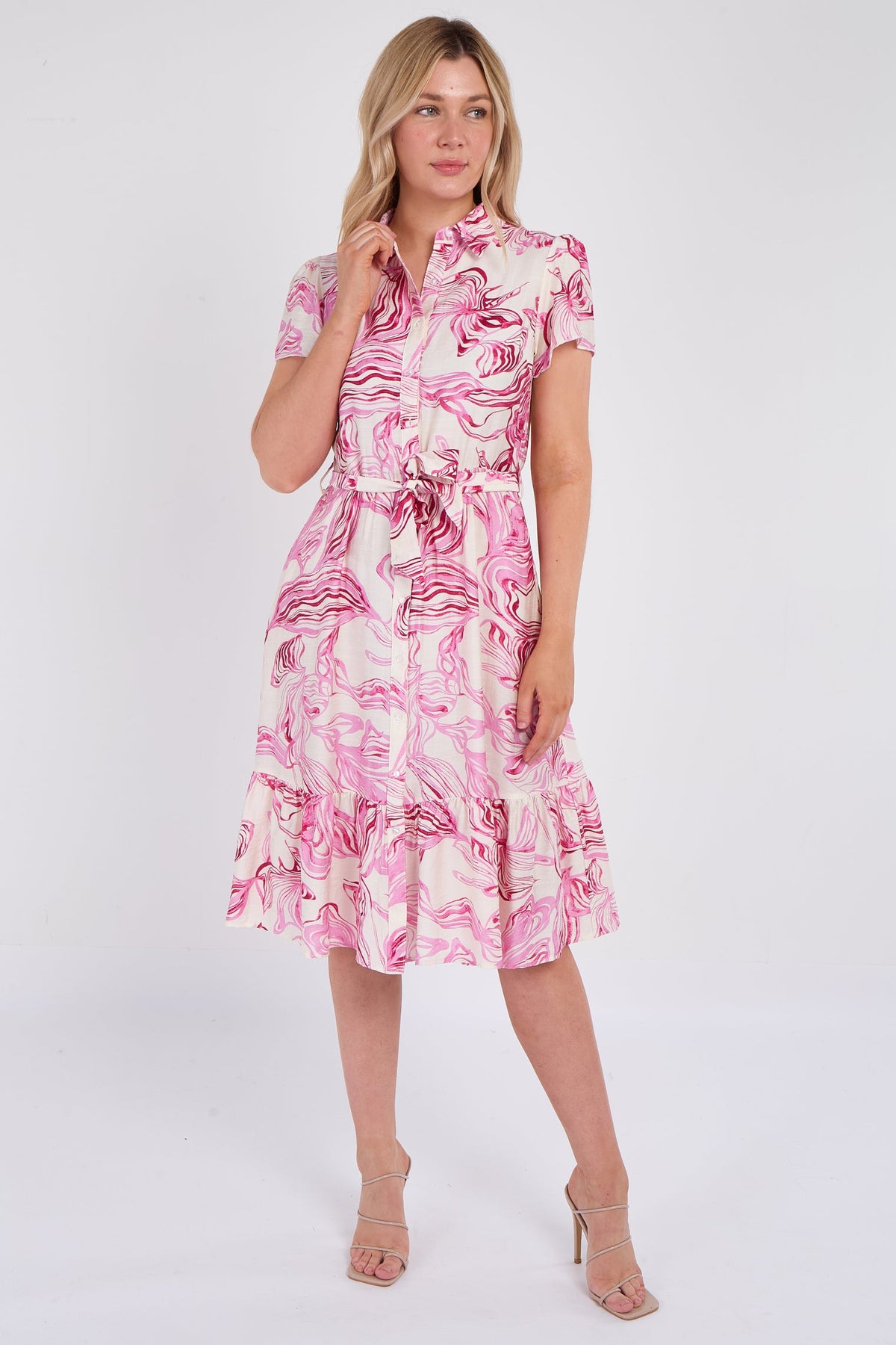 8Pcs Pink Swirl Print  Frilled Hem Midi Dress