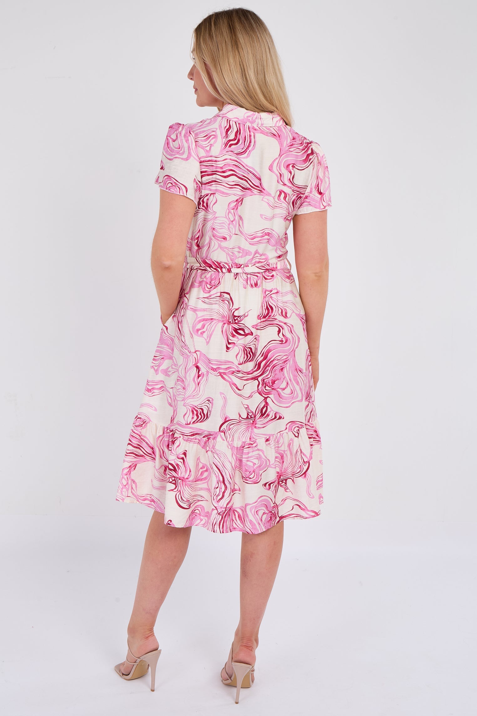 8Pcs Pink Swirl Print  Frilled Hem Midi Dress