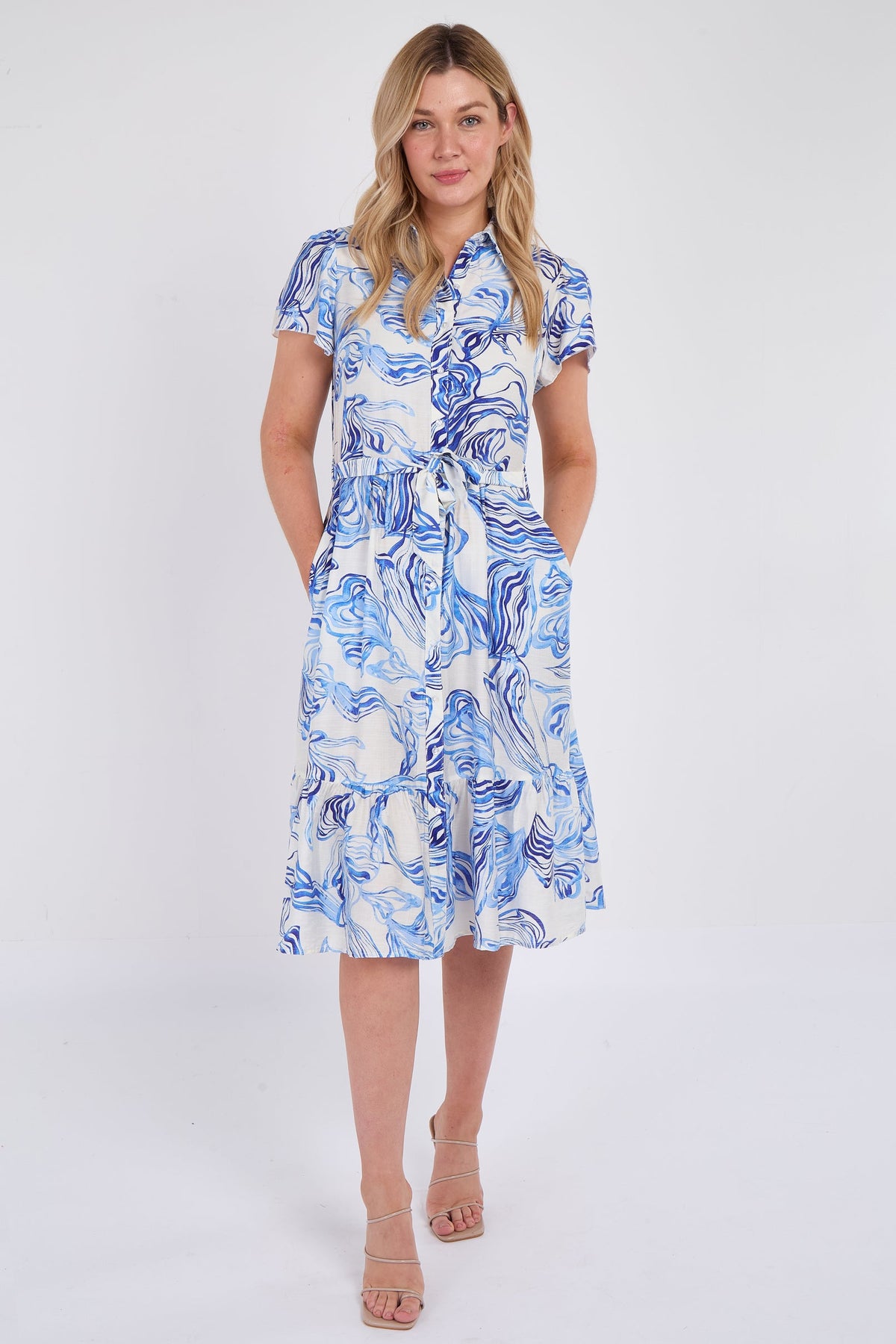 8Pcs Blue Swirl Print  Frilled Hem Midi Dress