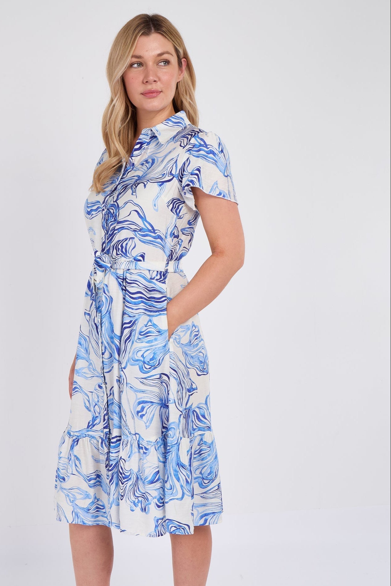 8Pcs Blue Swirl Print  Frilled Hem Midi Dress