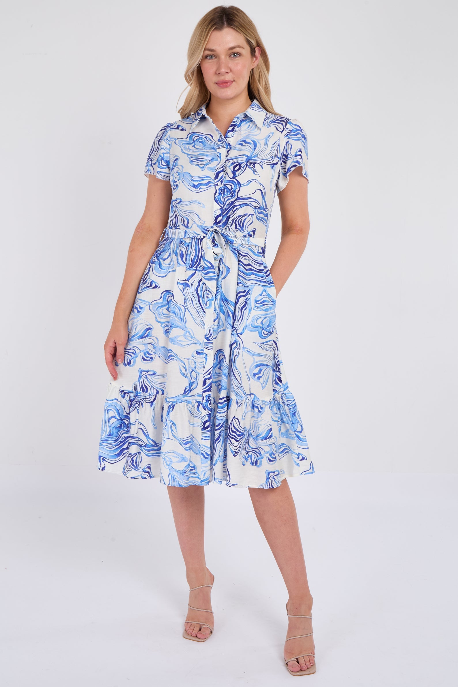 8Pcs Blue Swirl Print  Frilled Hem Midi Dress