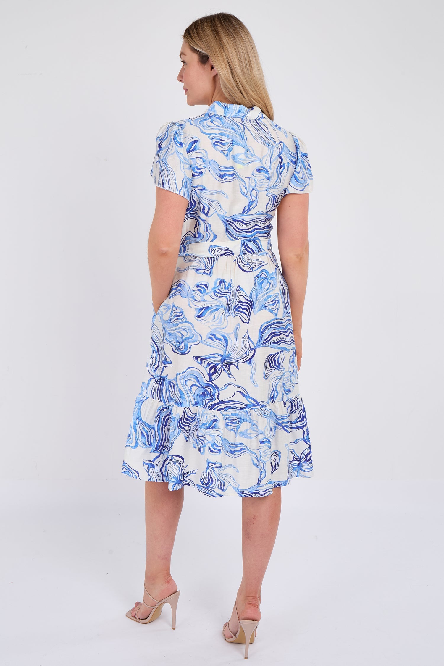 8Pcs Blue Swirl Print  Frilled Hem Midi Dress