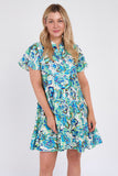 8Pcs Blue Bloom Ruffle Hem Mini Shirt Dress